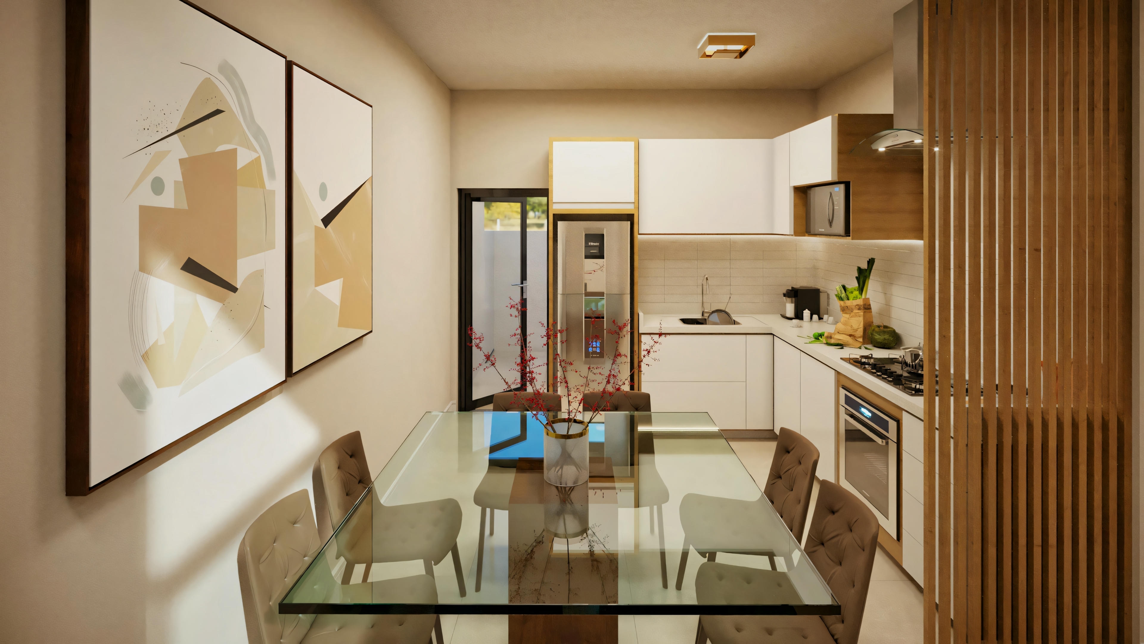 A modern kitchen with wooden cabinets, a glass dining table, and contemporary appliances.