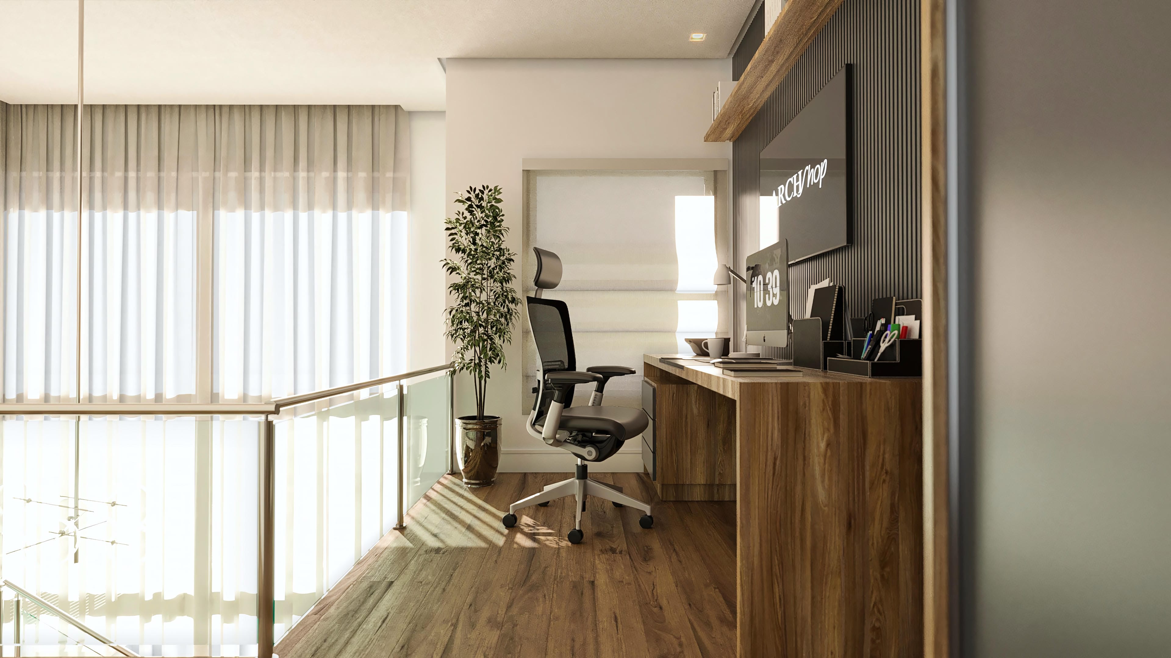 Interior of a modern office with wooden floor, desk with wood finish, ergonomic chair and large window with translucent curtains.