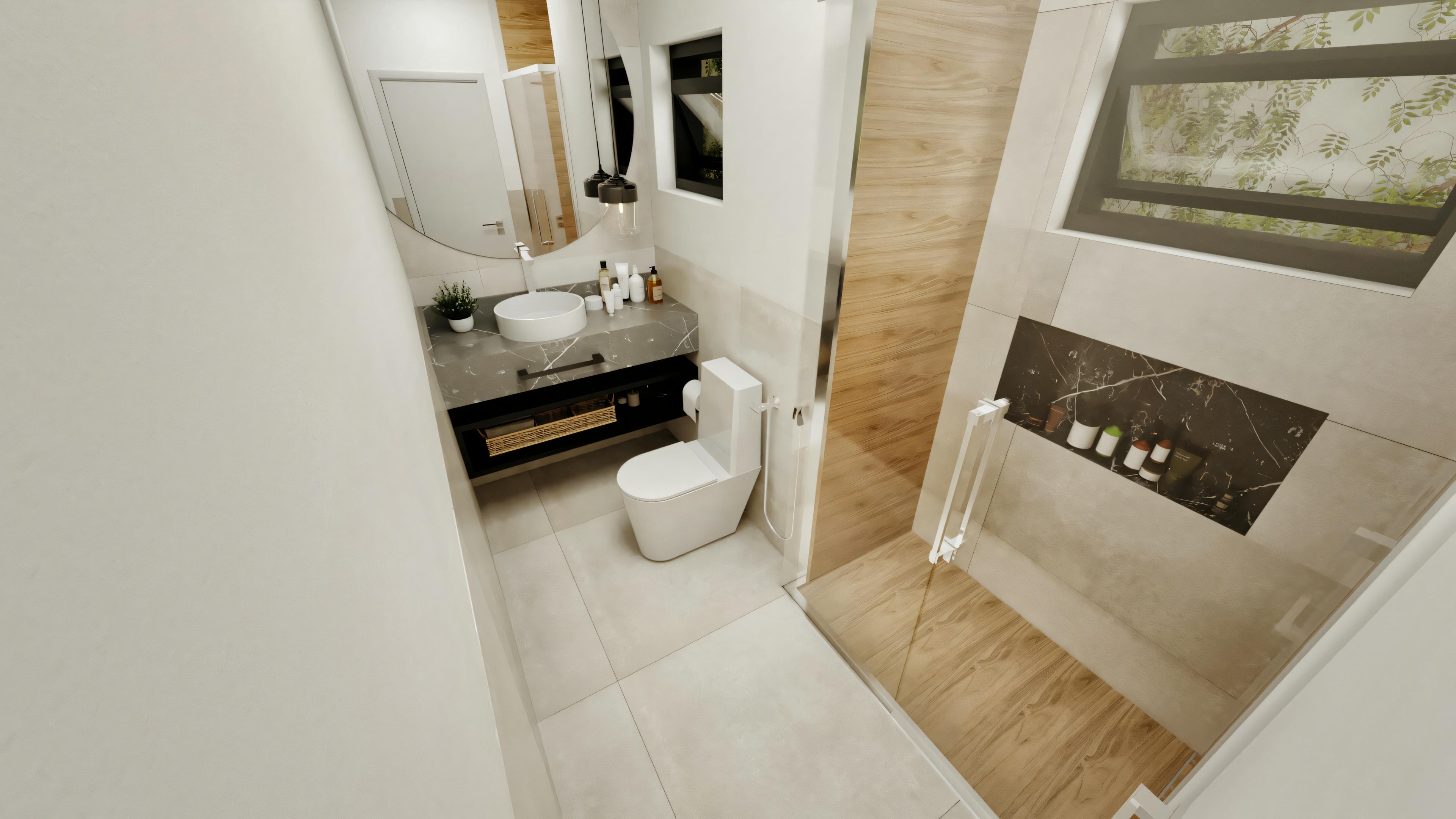 Top view of the bathroom of a suite in a modern type 4 house, showing the stone countertop with overlay sink, toilet, and the shower stall with wood-look cladding and a dark niche.