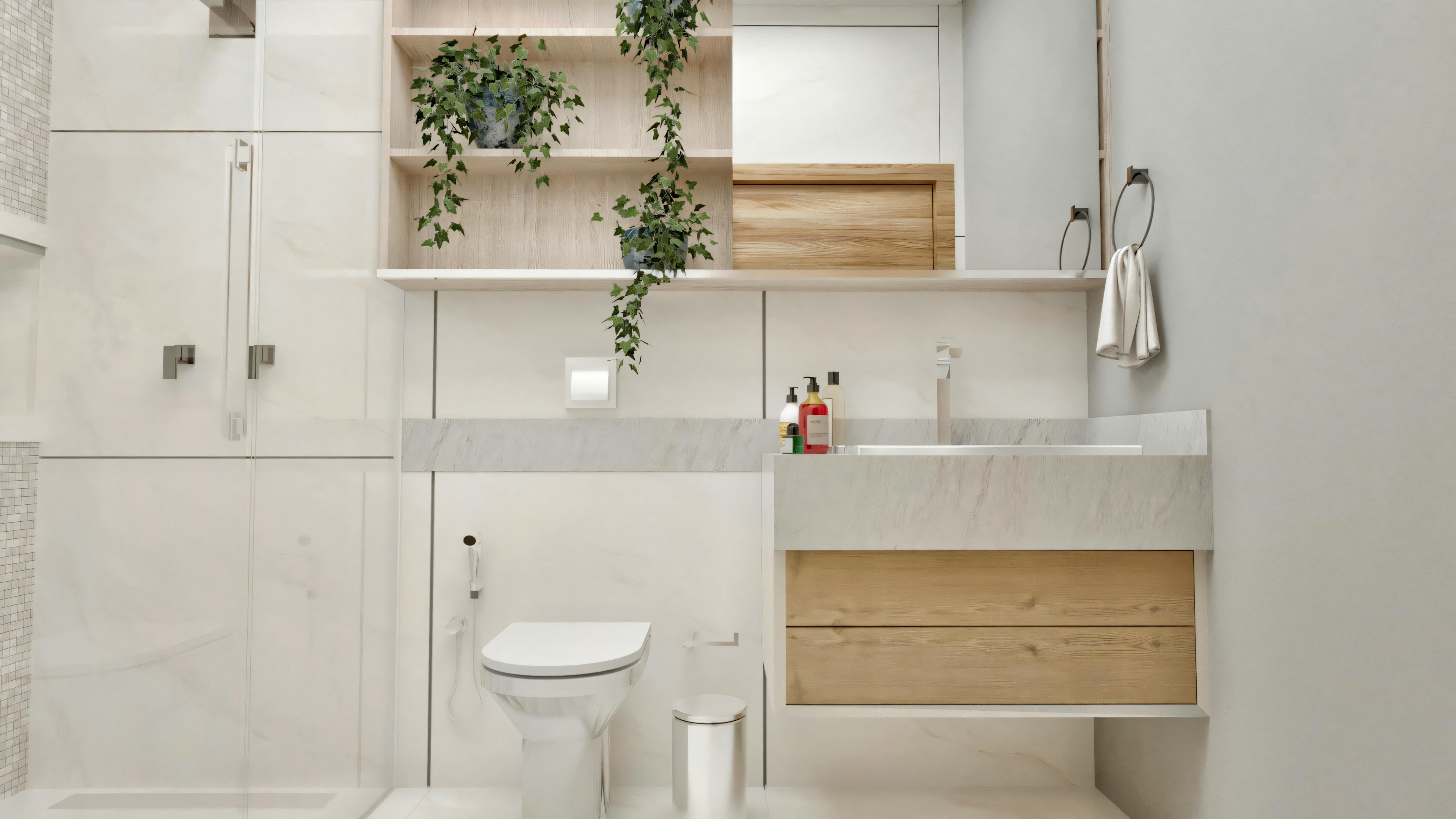 Suite bathroom with modern design in a neoclassical house. Light stone countertop with integrated sink and suspended wooden drawer unit. Wall-mounted toilet, wooden shelves with plants, and light porcelain tile flooring in the shower area. Part of a project with 4 suites and 5 bathrooms.