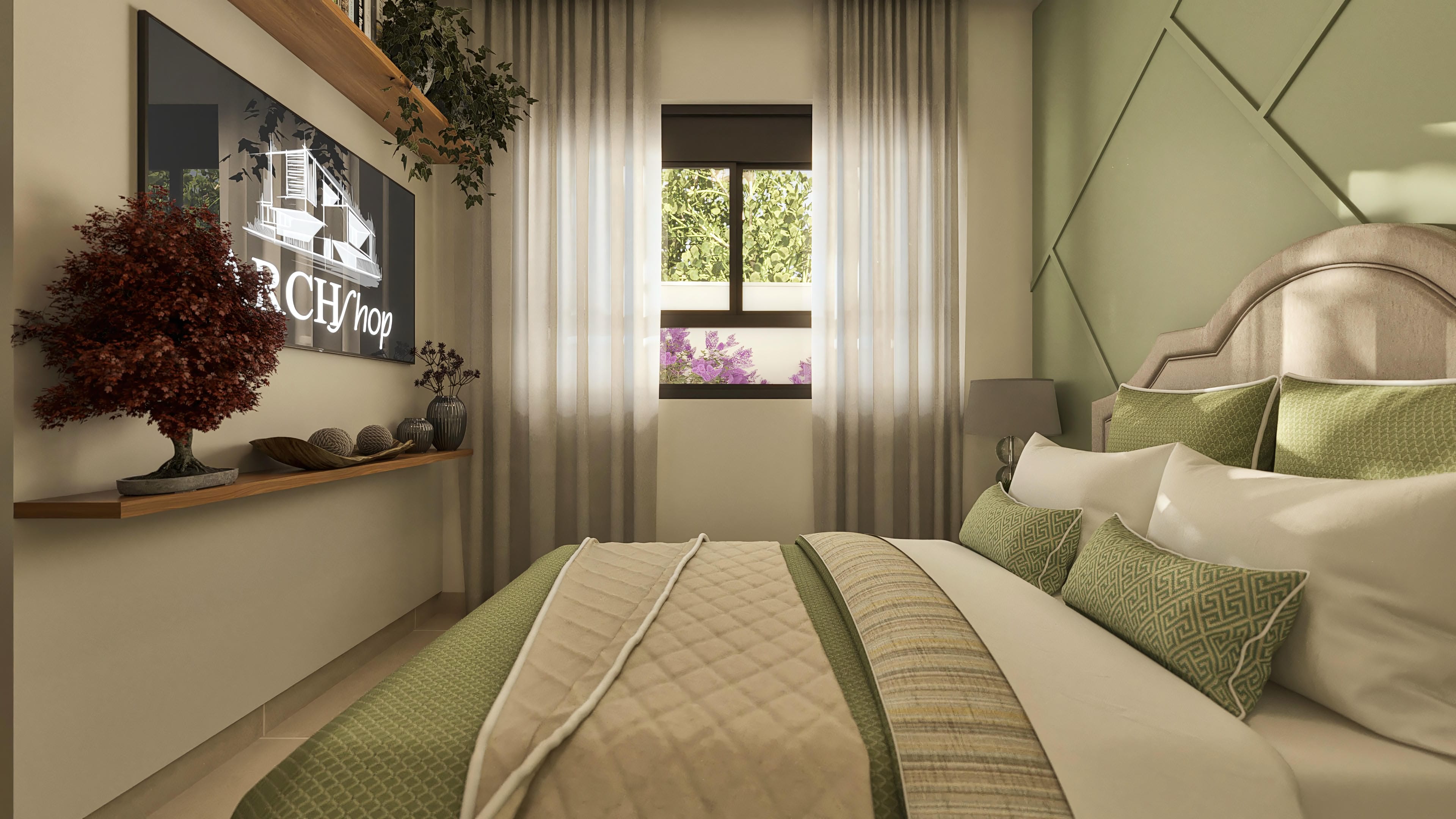 Interior of a modern suite with a luxurious double bed, decorative pillows in green and beige tones, and a wallpaper with a geometric design. Wood details and plants complement the environment.