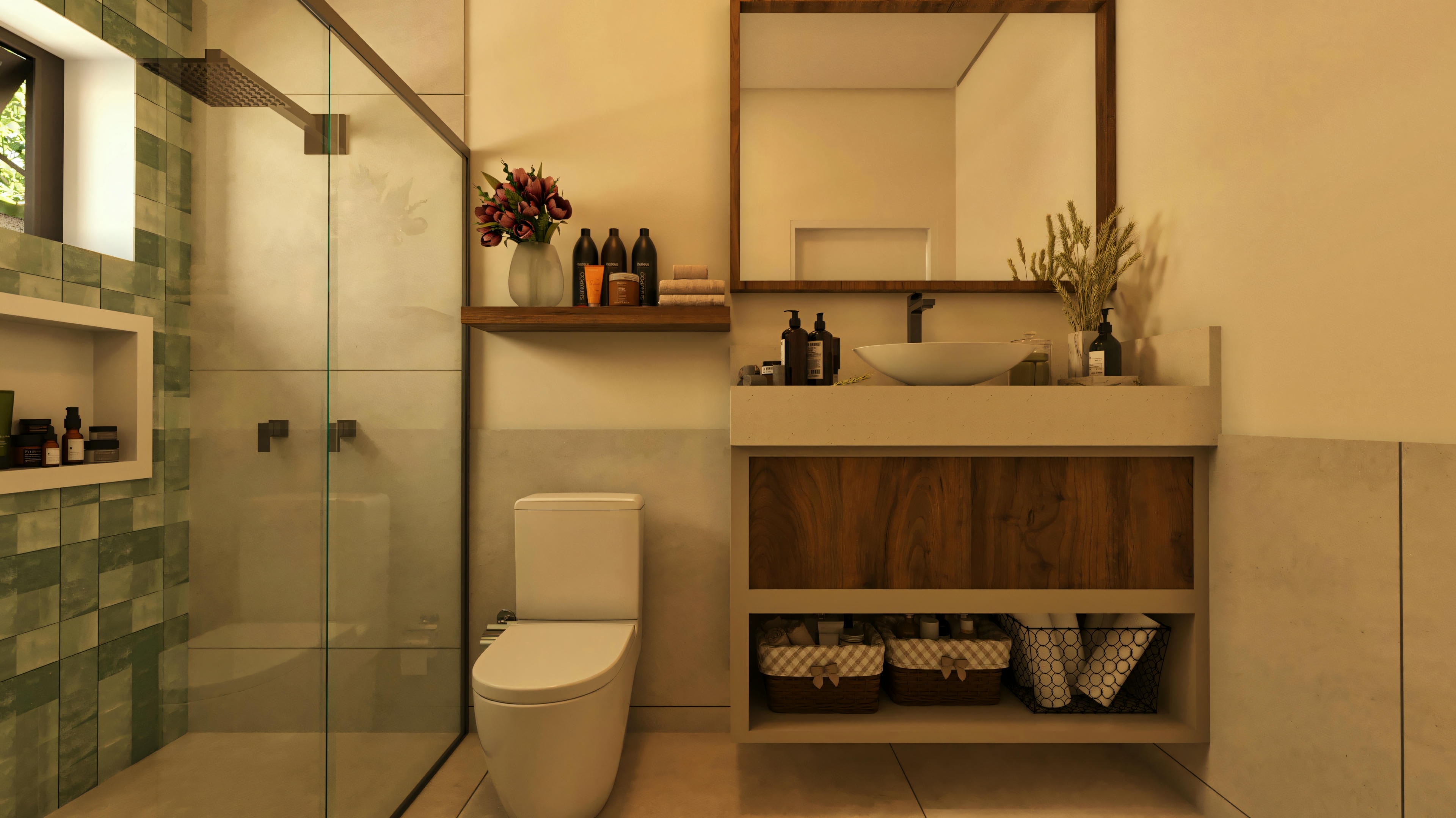 Modern suite bathroom in a 210.57sqm two-story house, showing a glass shower enclosure, built-in shower niche with decorative tiling, countertop with vessel sink, mirror, and cabinet with wood finish.