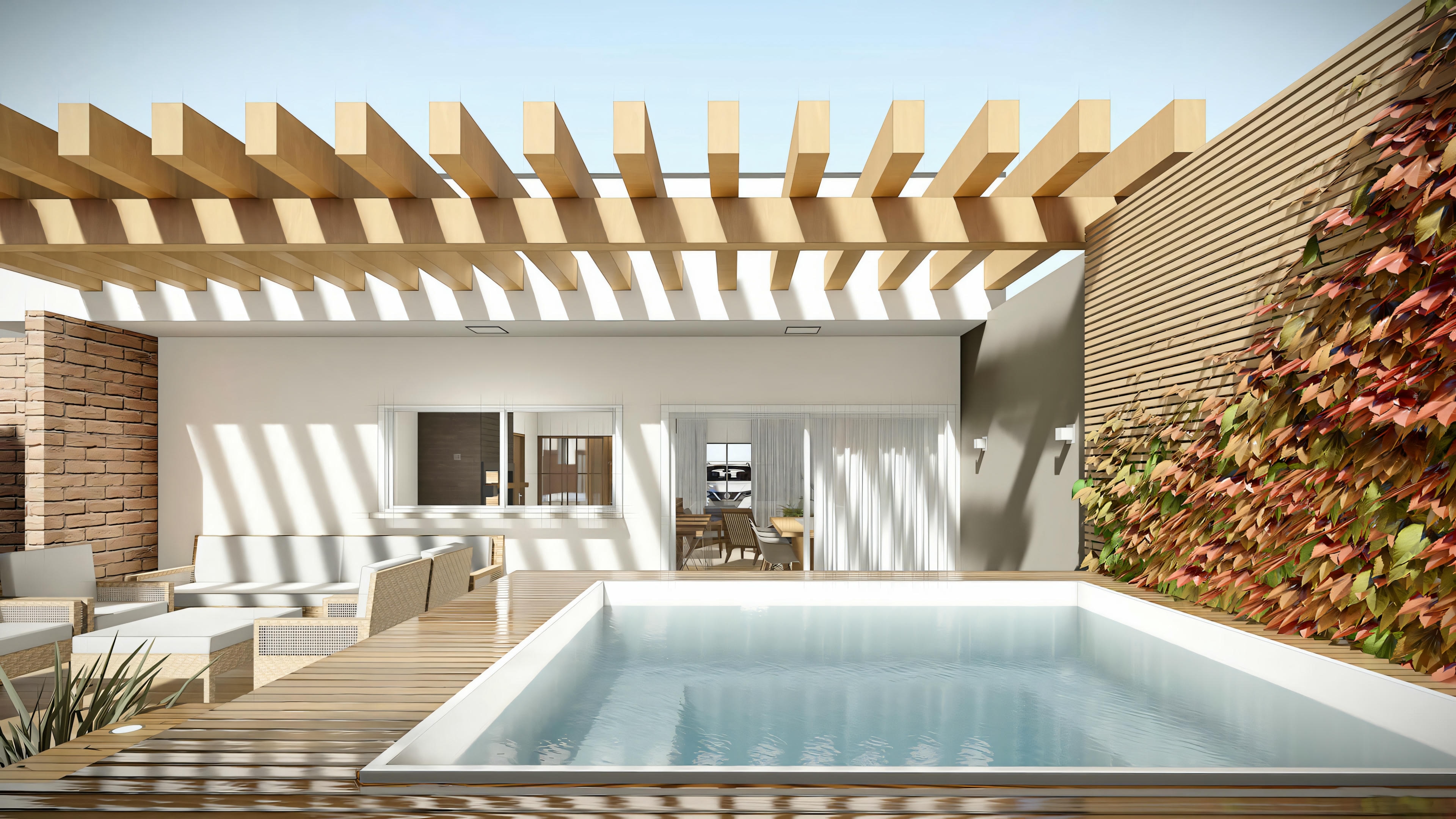 Un patio al aire libre con vigas de madera para sombra.