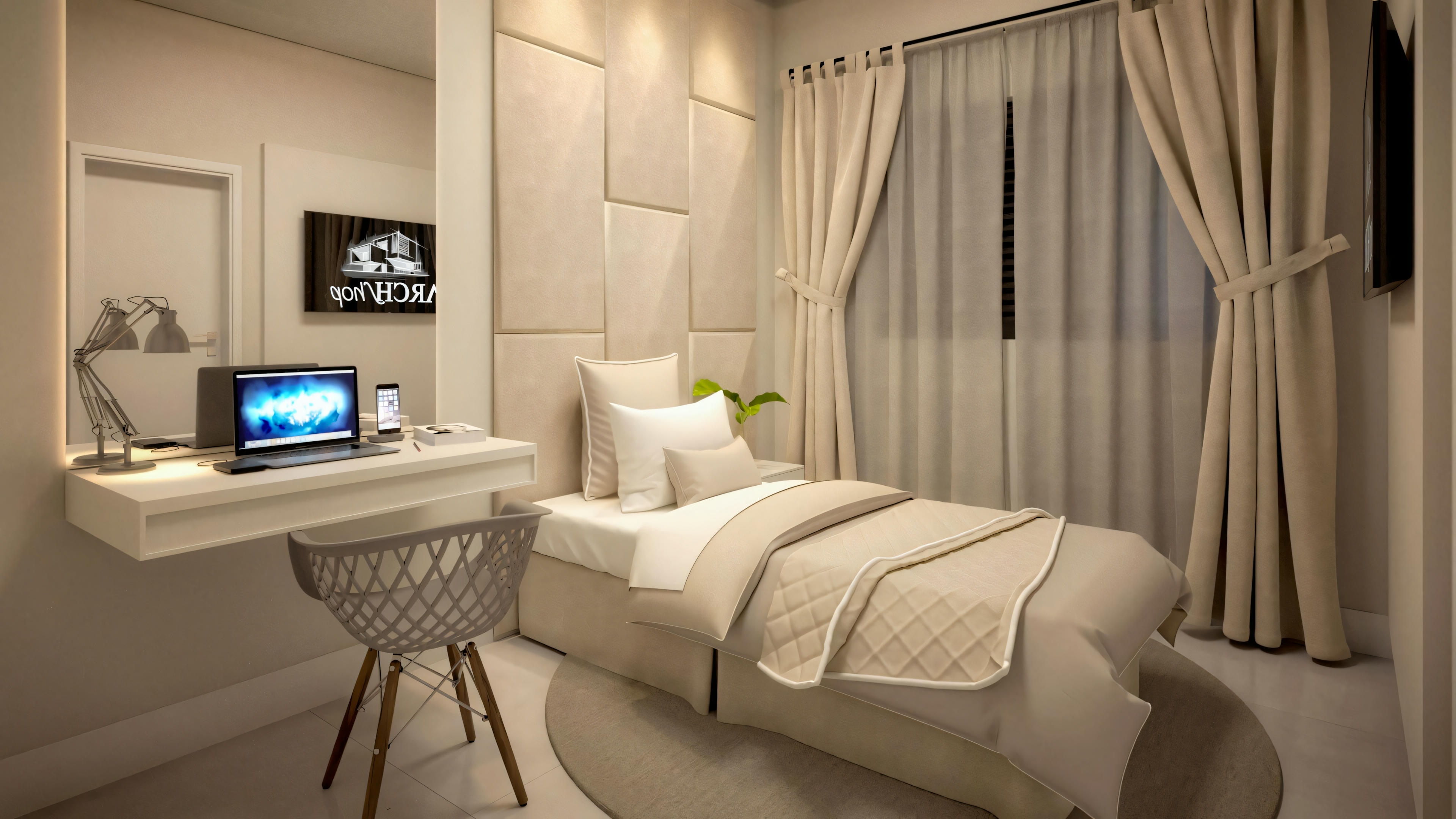 Um quarto com cama, travesseiros, mesa de cabeceira com lâmpada e um laptop em outra mesa.
