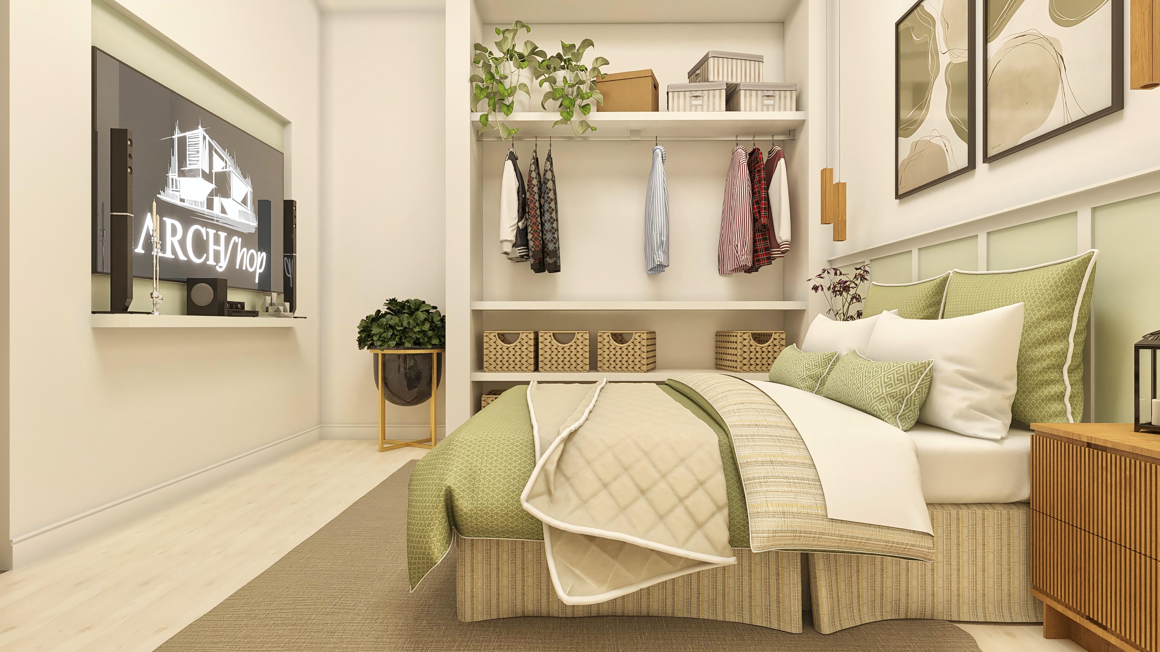 Detalhe de um quarto com cama king-size, roupa de cama em tons de verde e bege, closet aberto com cabides e cestos, e uma televisão na parede exibindo um projeto arquitetônico.