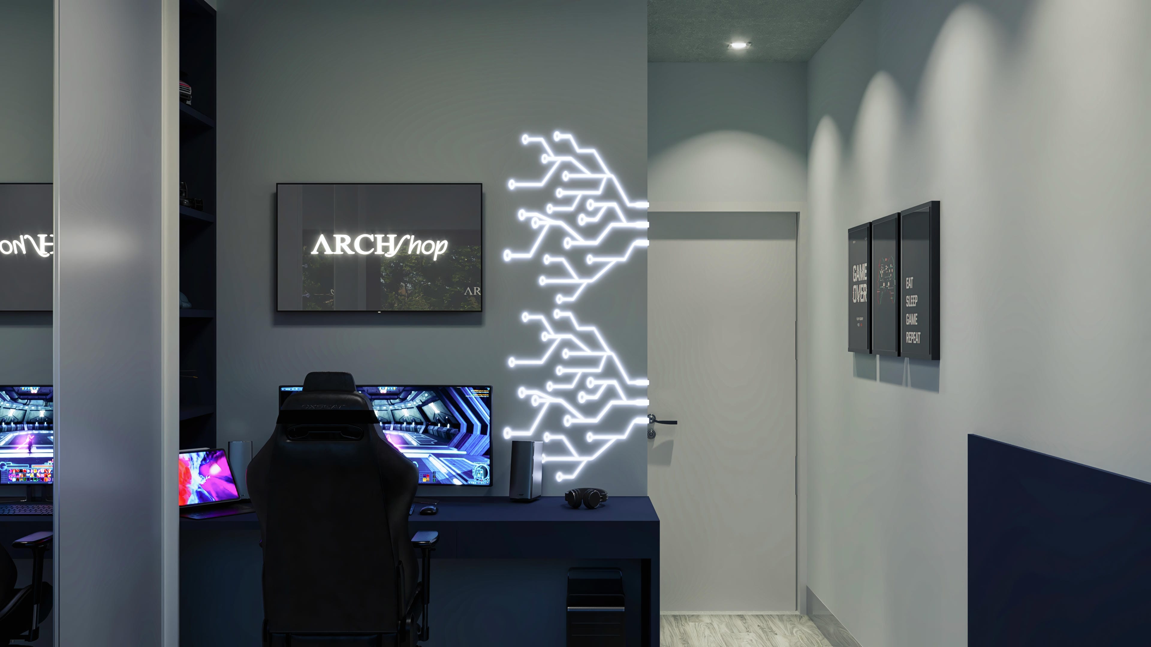Interior de quarto gamer moderno com iluminação neon em formato de circuito e grafismos em preto e branco.
