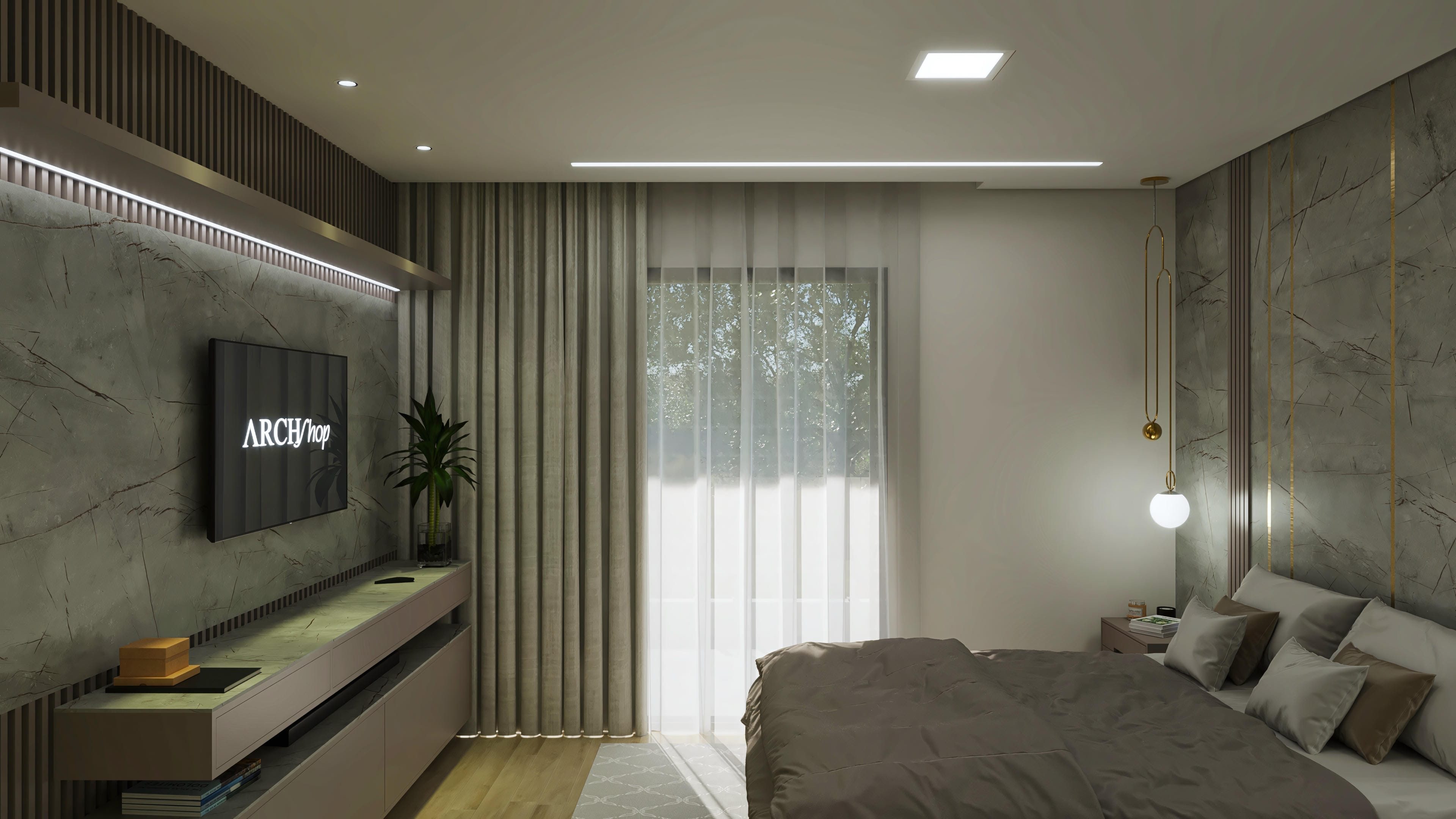 Interior de quarto de alto padrão com marcenaria moderna, revestimento em mármore e iluminação LED, destacando uma cama confortável.