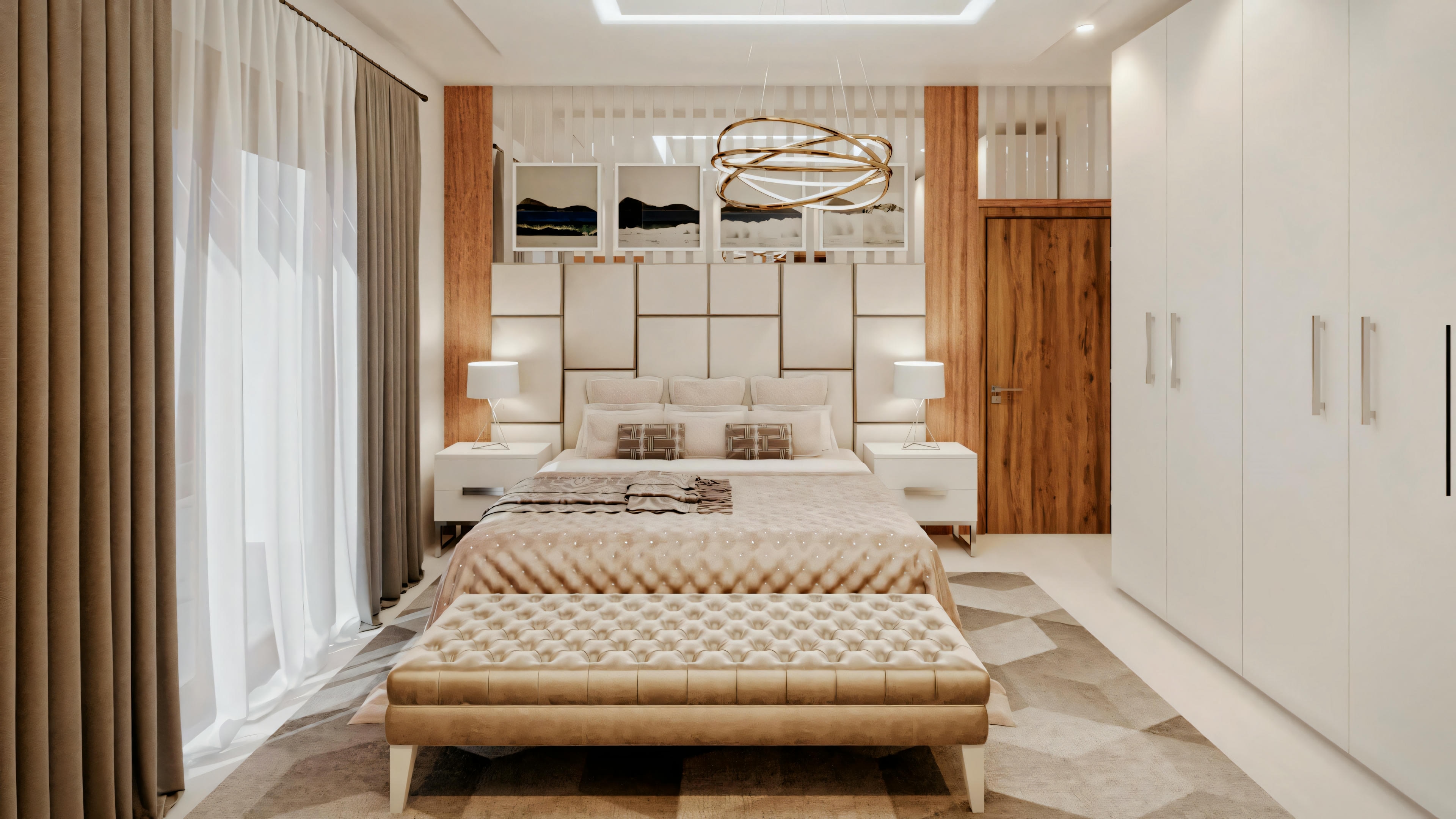 Um quarto moderno com uma cama grande, mesas laterais, luminárias e um tapete com padrão. A paleta de cores inclui tons neutros com acentos azuis e texturas padronizadas.