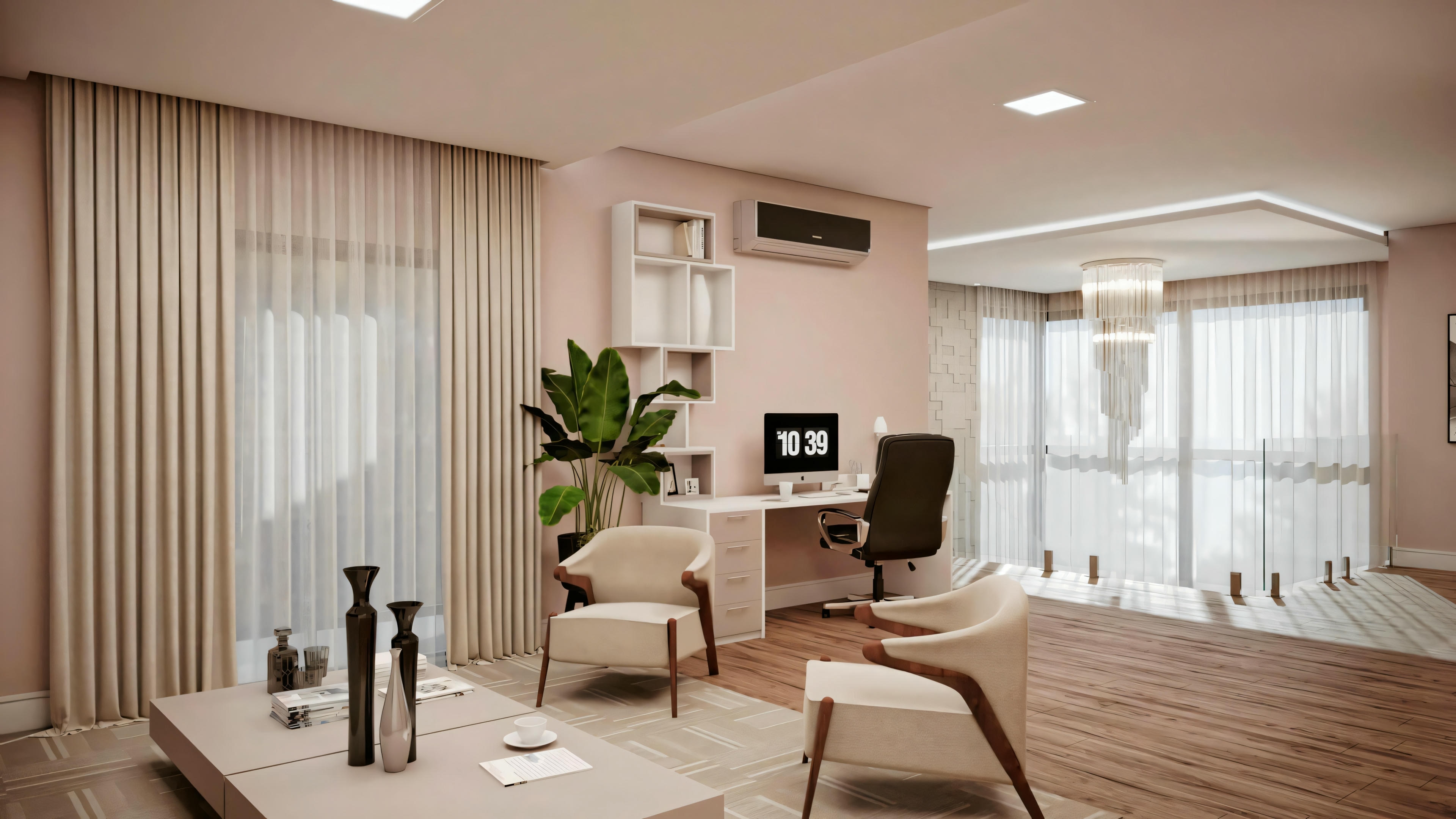 Una sala de estar moderna con sofá, mesa de centro y grandes ventanales con cortinas.