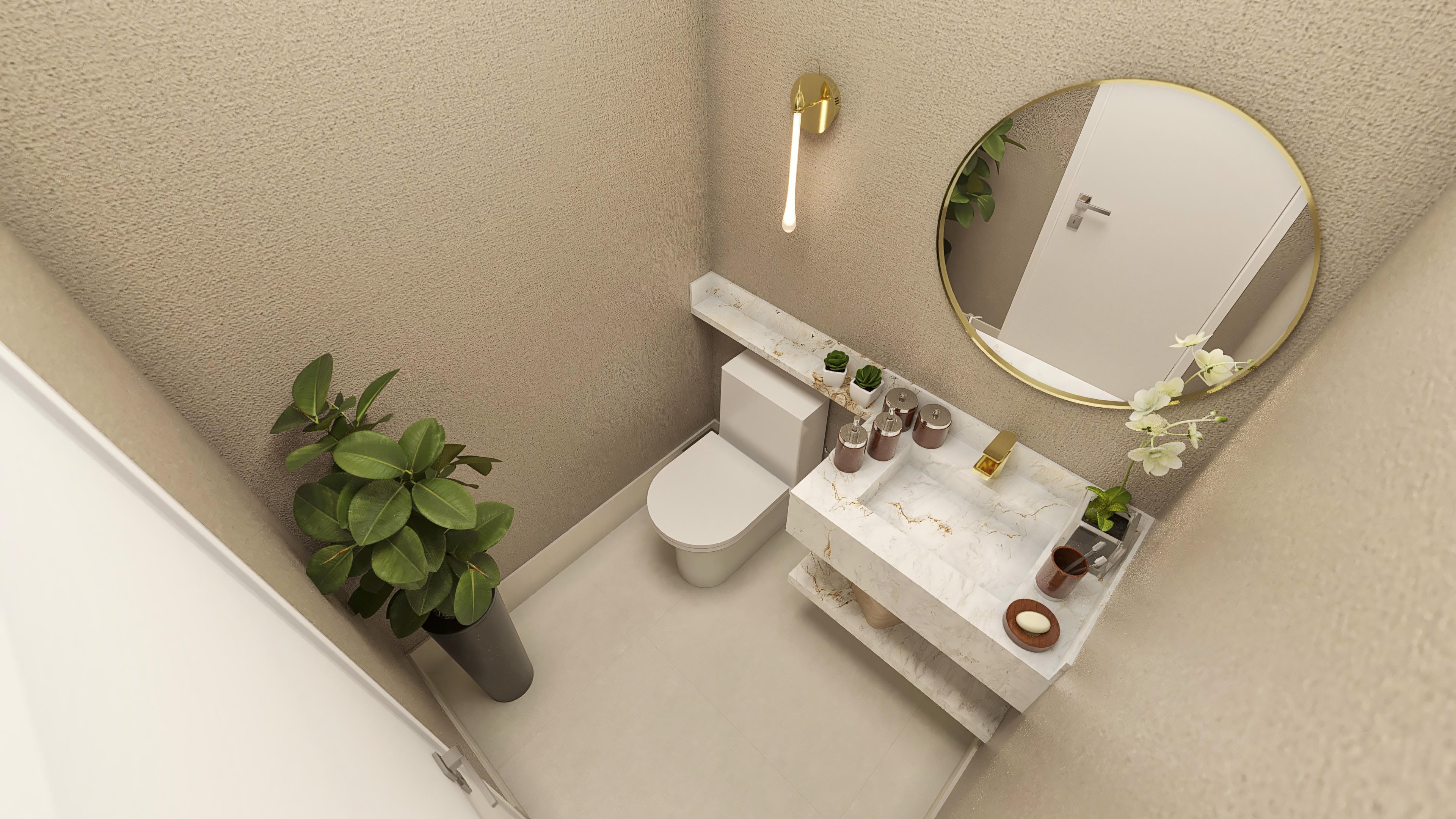 Modern bathroom with beige textured wall, light floor, marble countertop with vessel sink, gold round mirror, and clean lighting.