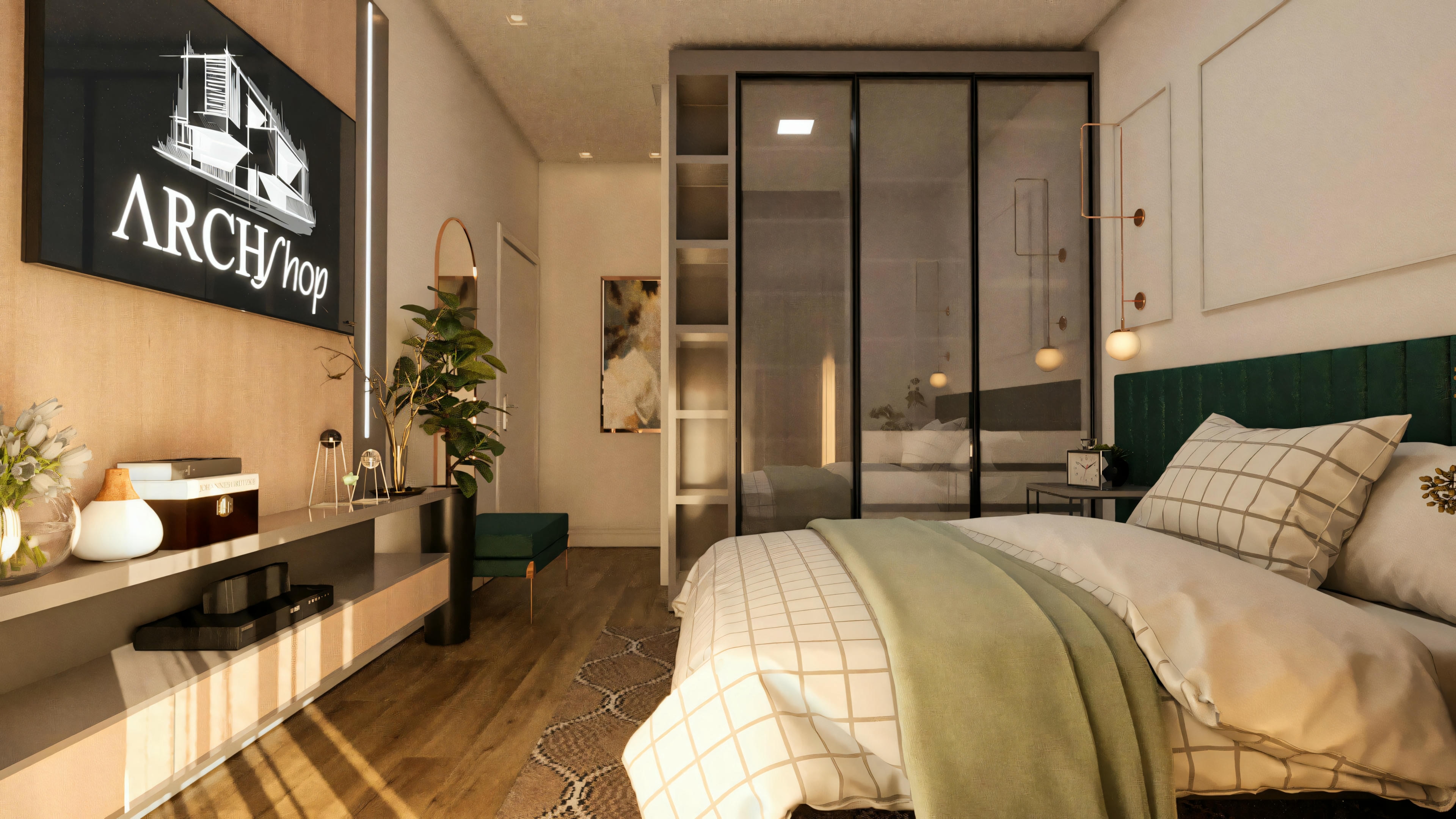 Ángulo completo de una de las 3 suites de la casa de dos pisos de 194.7m² en lote 10x25. Habitación posee panel de TV amaderado, estante suspendido, armario planeado con puertas de correr espejadas, cama de matrimonio con cabecera tapizada e iluminación moderna.
