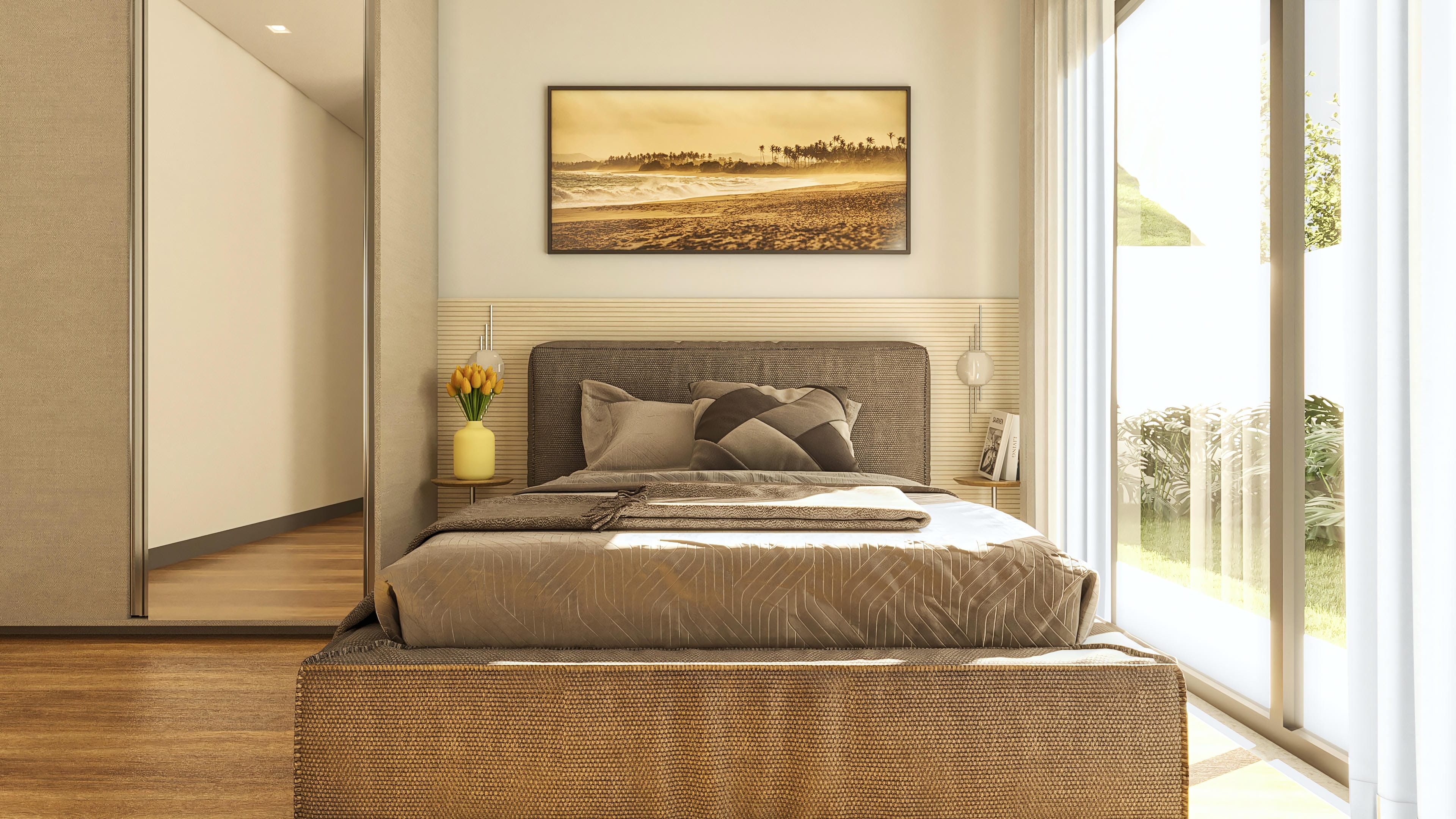 Interior of a suite with a double bed, textured headboard, bedside table with a vase of yellow tulips, and a large window overlooking a green area.