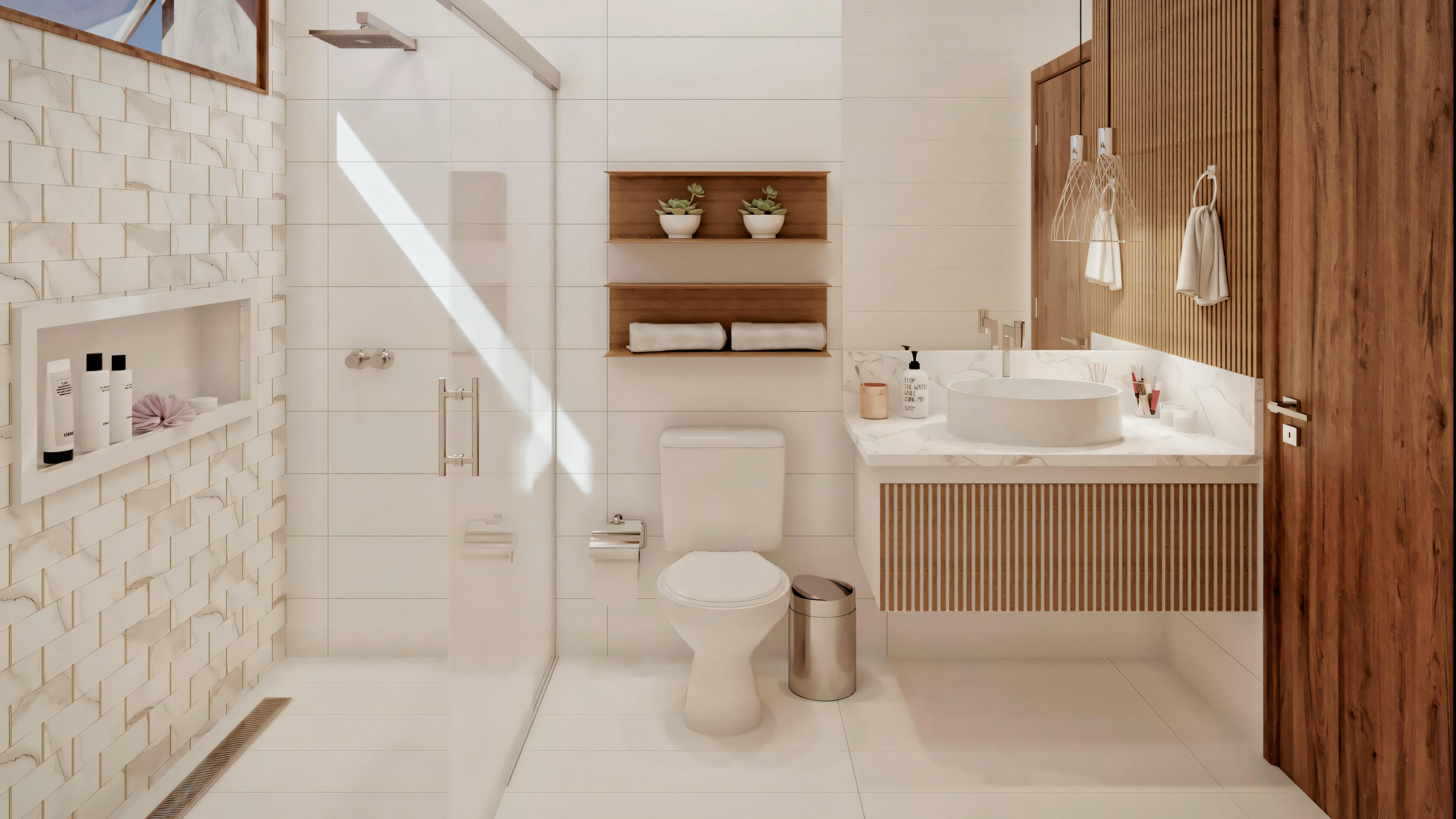 Um banheiro com azulejos, pia com espelho e iluminação, e uma área de chuveiro.
