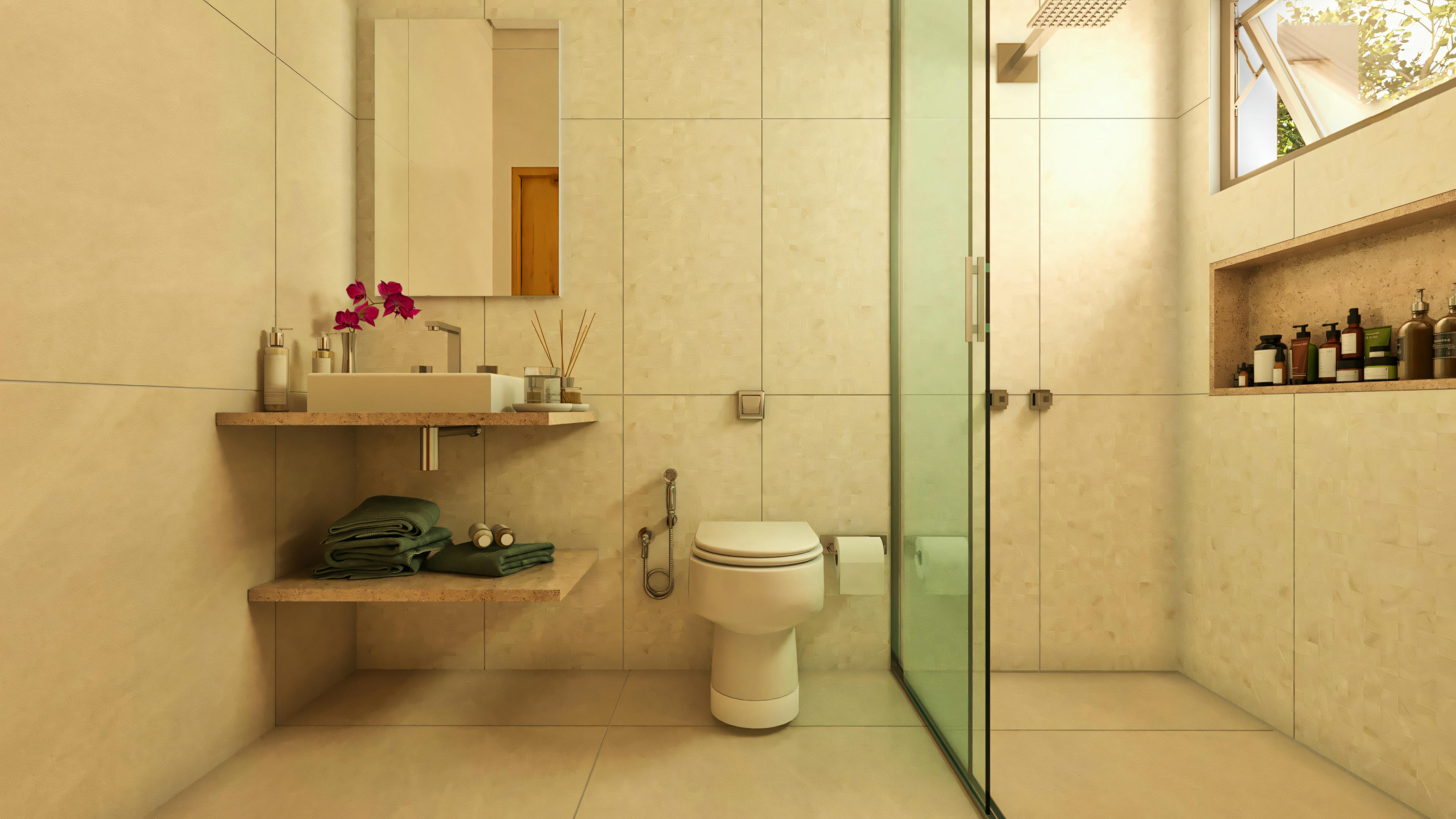 Baño espacioso con ducha de cristal y acabados en tonos claros.