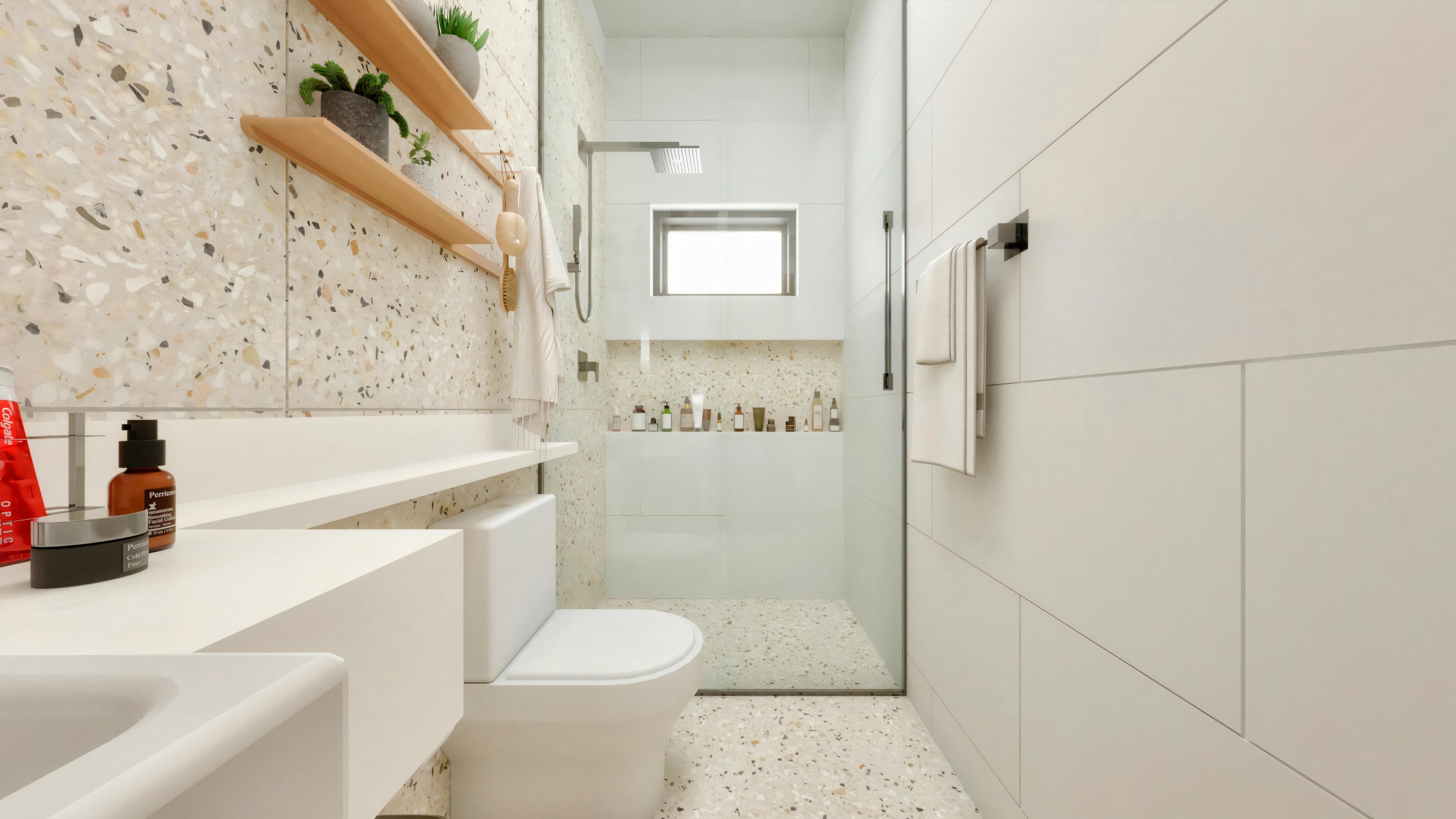 Baño estrecho de casa de campo con revestimiento claro, inodoro blanco y estantes de madera para organización.