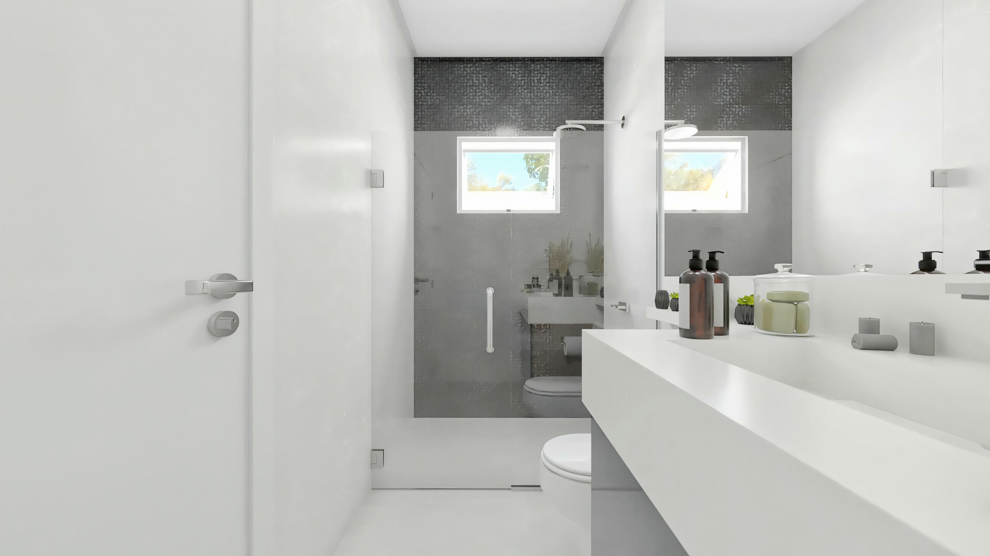 Banheiro de suíte do projeto de casa com 3 quartos e piscina. Possui bancada branca, espelho amplo e box com revestimento diferenciado. Projeto residencial Archshop.