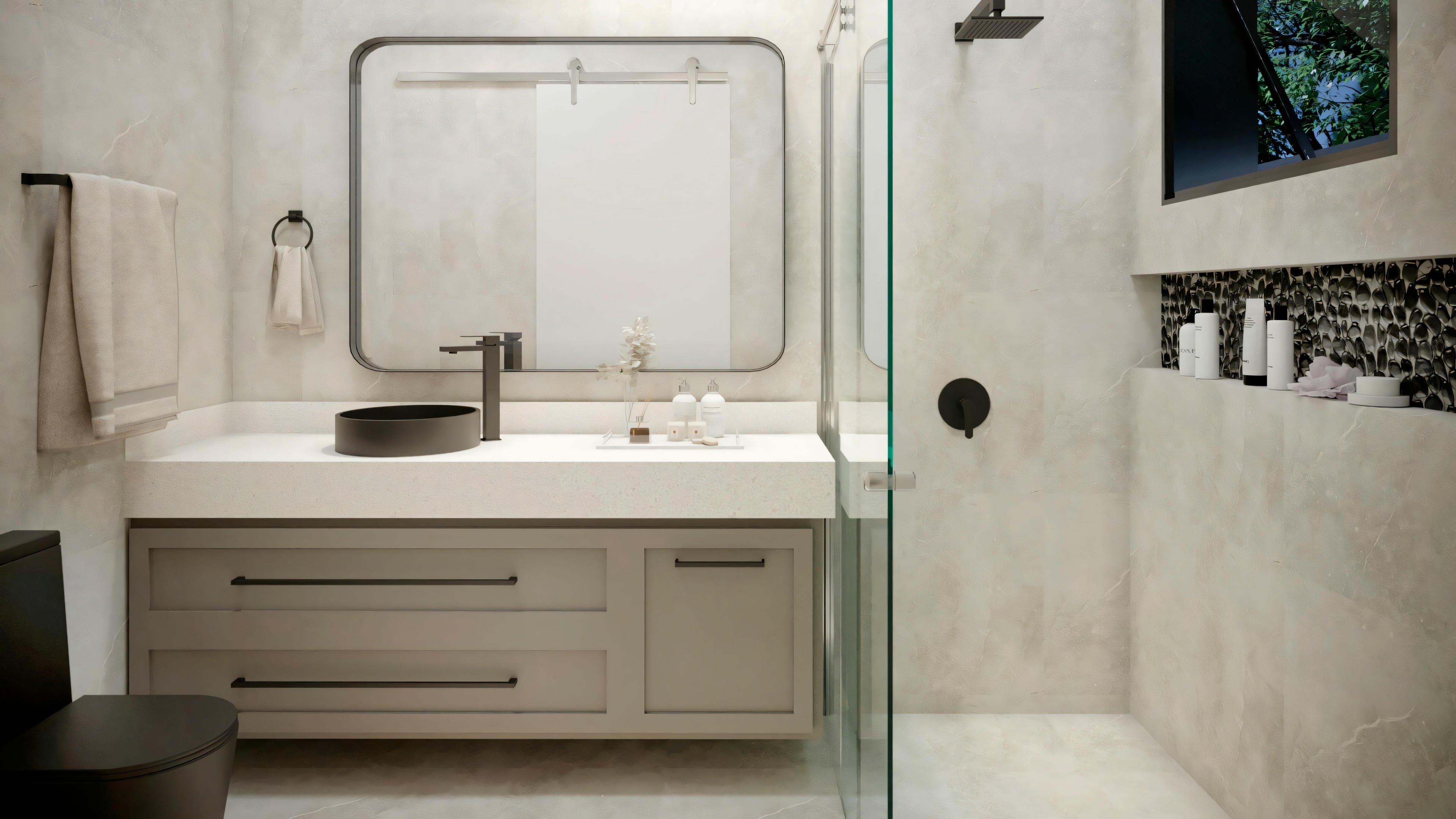 Un baño con bañera exenta, suelo de madera e iluminación suave.