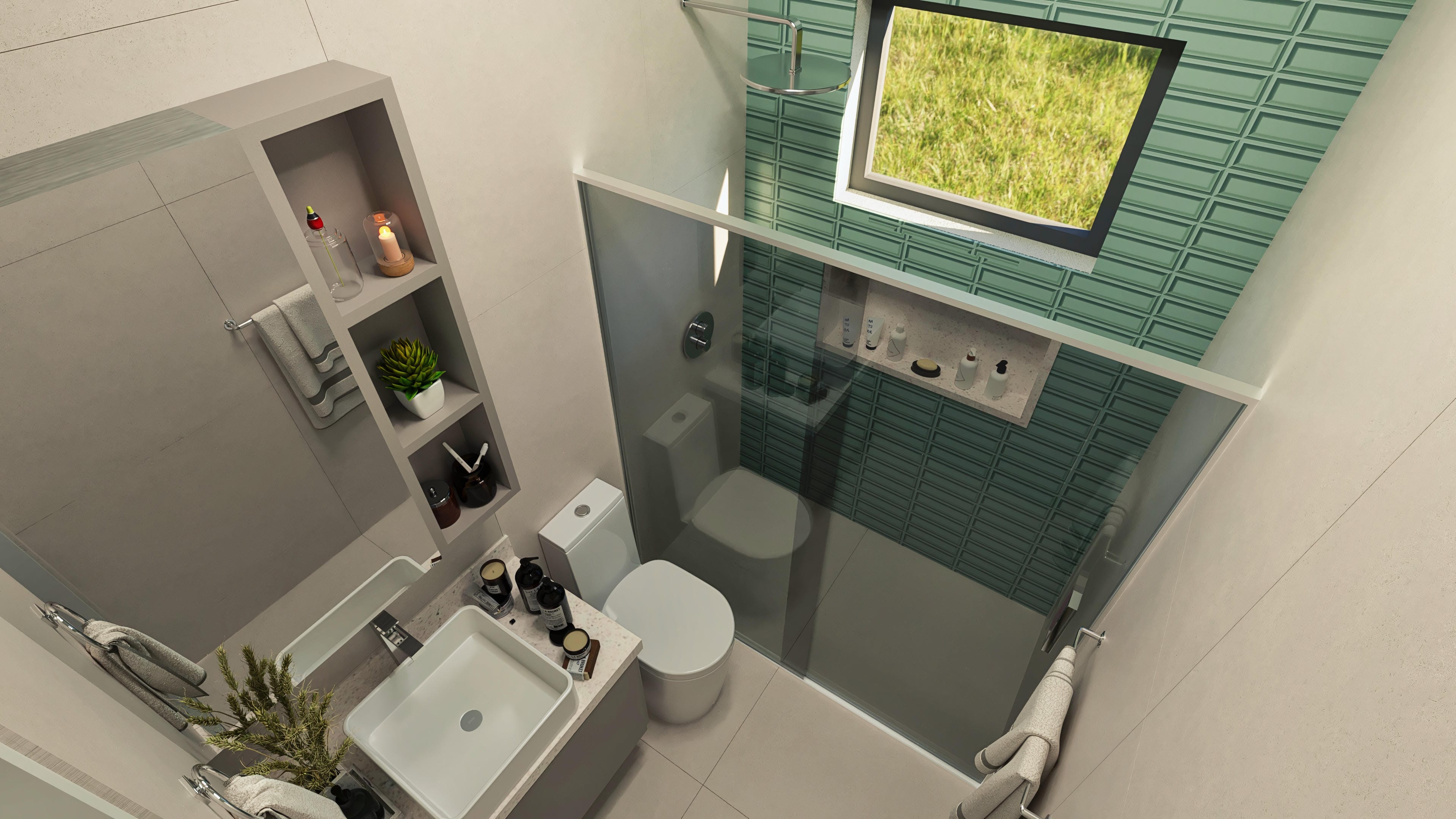Baño moderno con revestimiento en tonos neutros, encimera con lavabo sobre encimera y armario suspendido. Destaca la cabina de ducha de vidrio y azulejos verdes texturizados en la zona de la ducha.