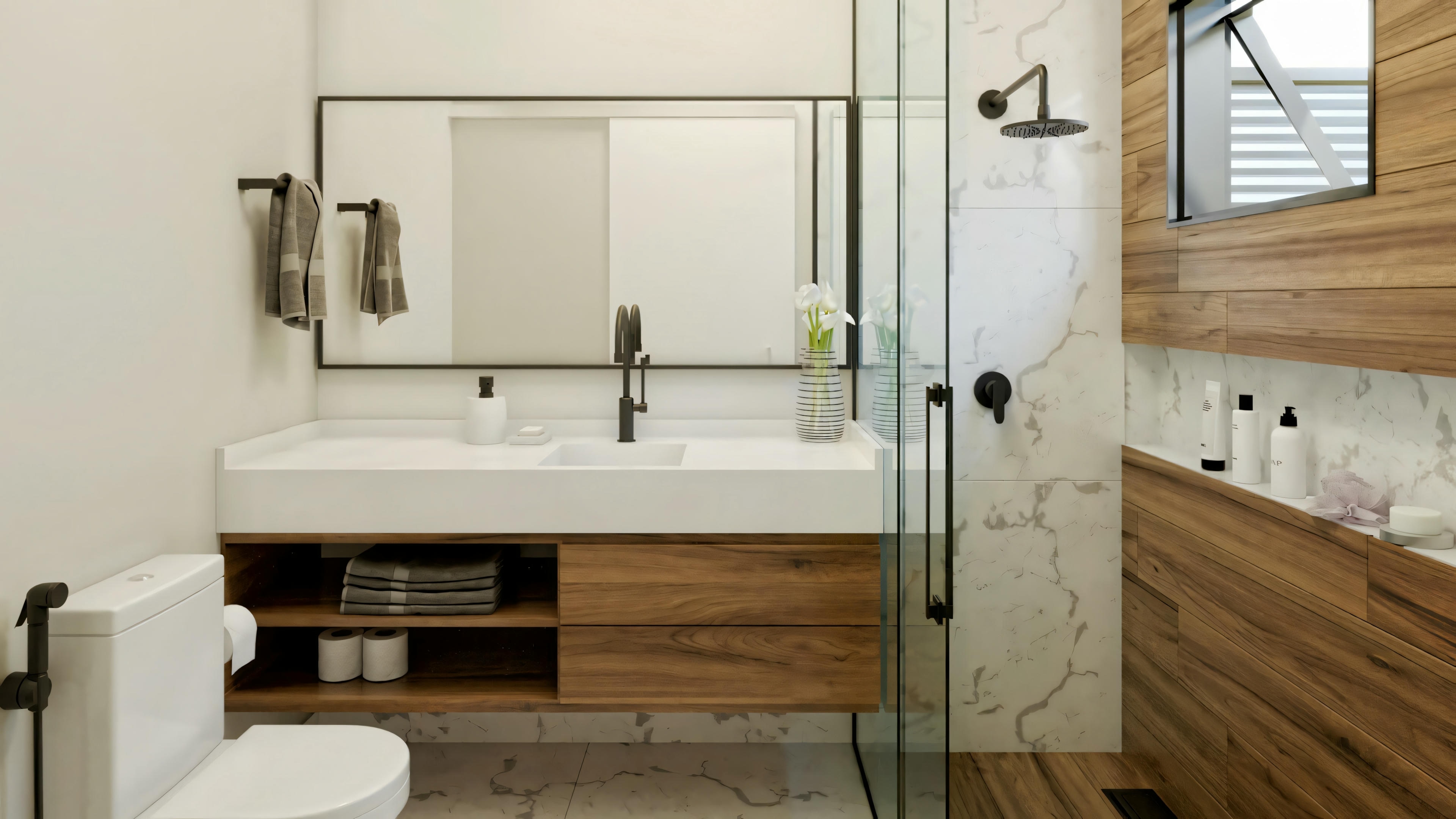 Un baño moderno con accesorios contemporáneos, elementos de madera y paredes revestidas de azulejos.
