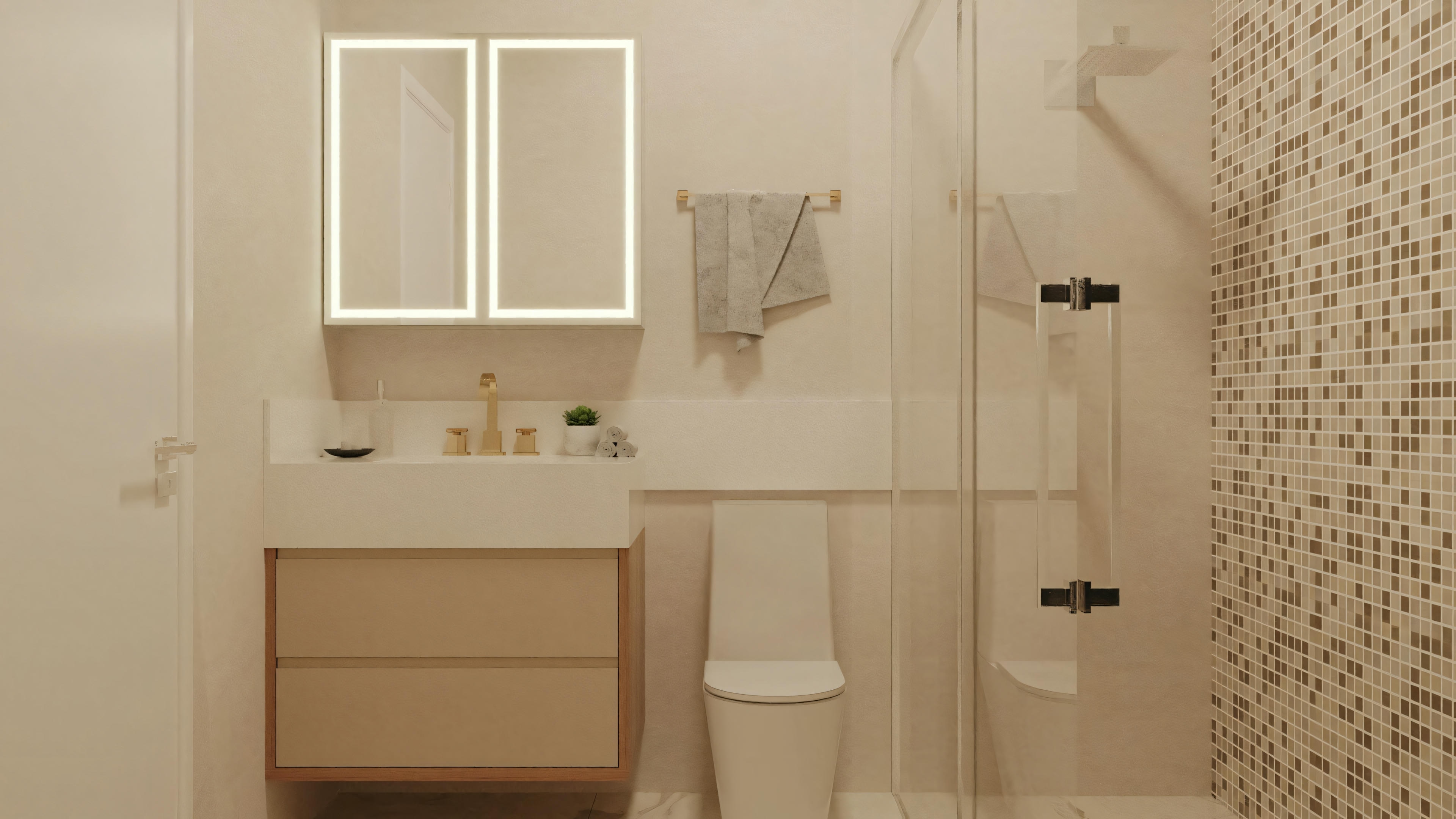 Un baño con lavabo, espejo, inodoro y zona de ducha.