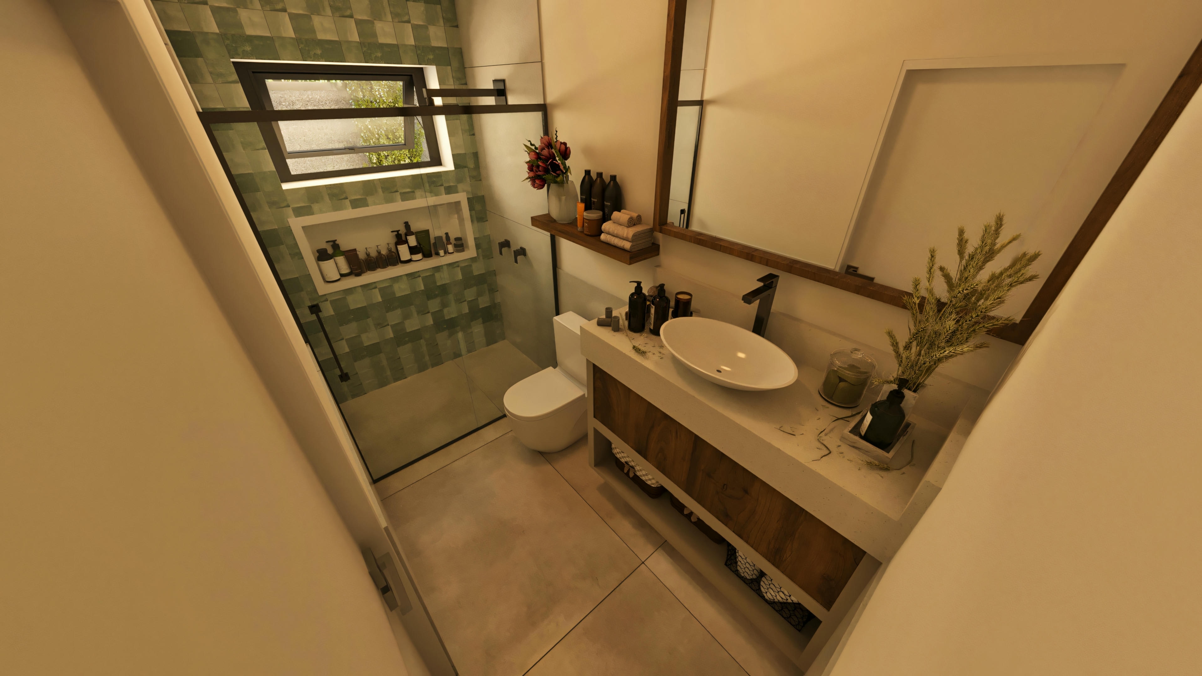 Vista superior del baño de la suite en casa de dos plantas moderna de 210m², exhibiendo la distribución completa con ducha de vidrio, ventana alta, nicho con revestimiento verde, encimera amaderada e inodoro.