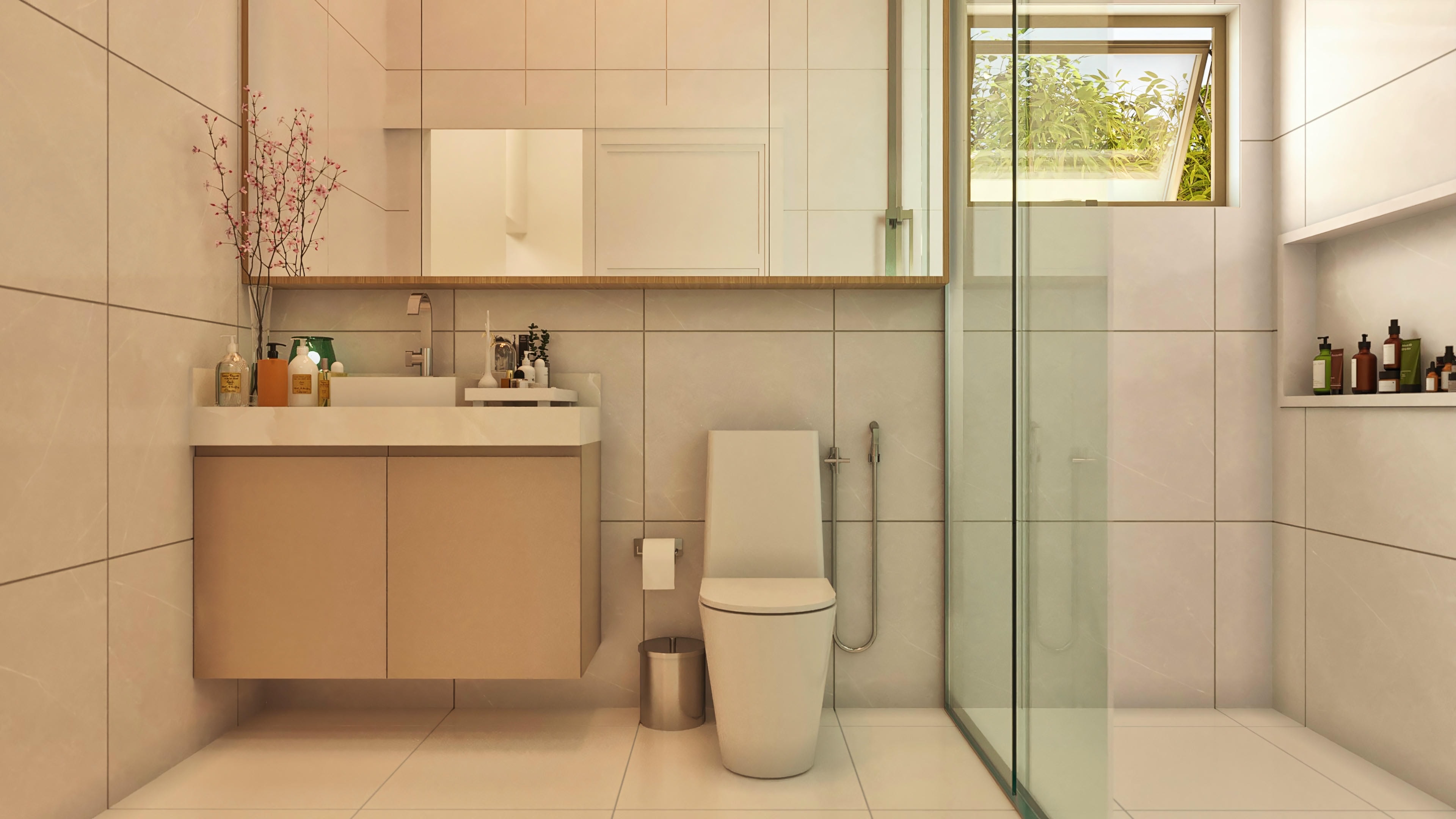 Bathroom with cabinet.