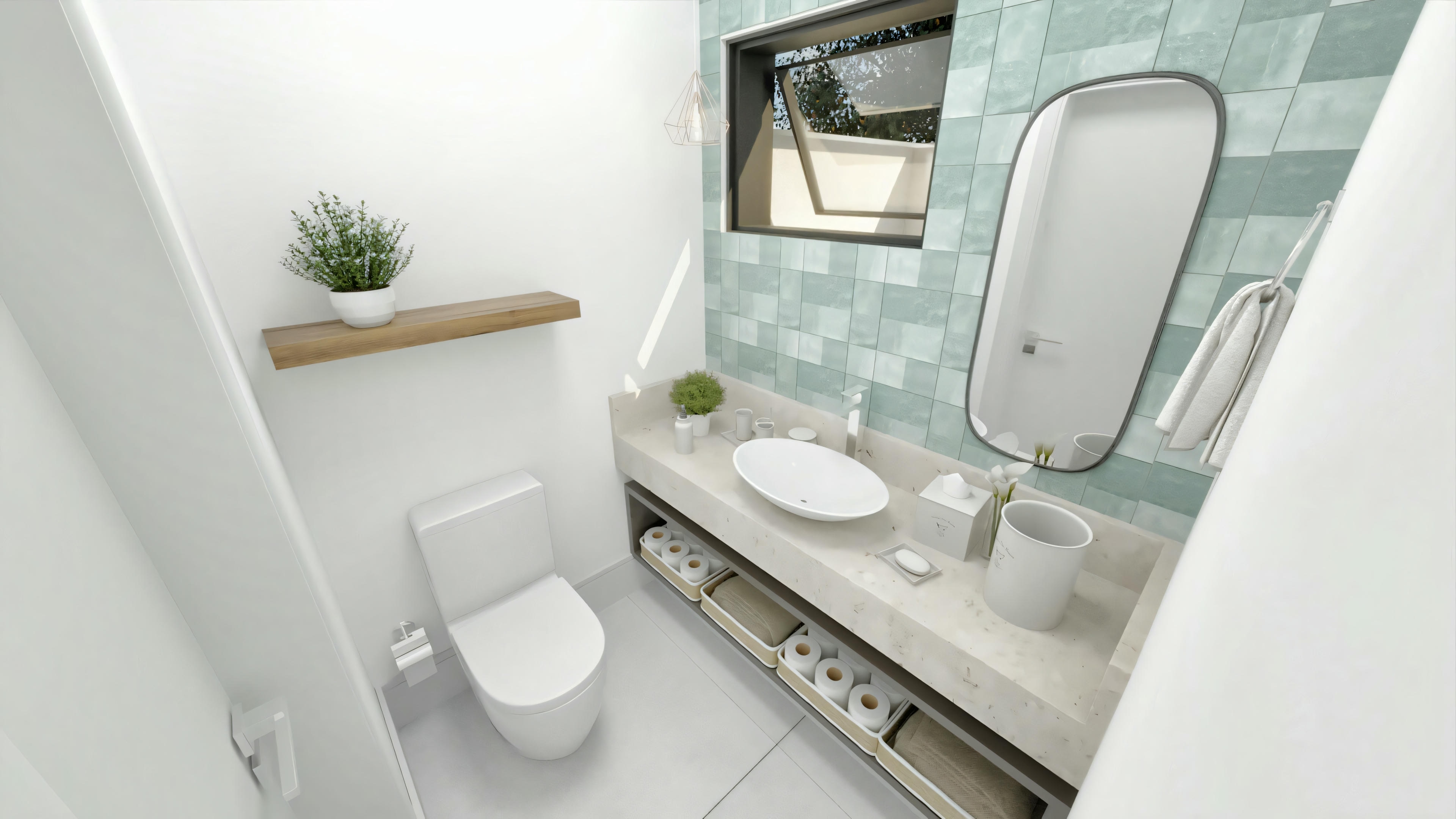 A bathroom with a toilet, sink, and mirror, with light blue tiles on the walls.