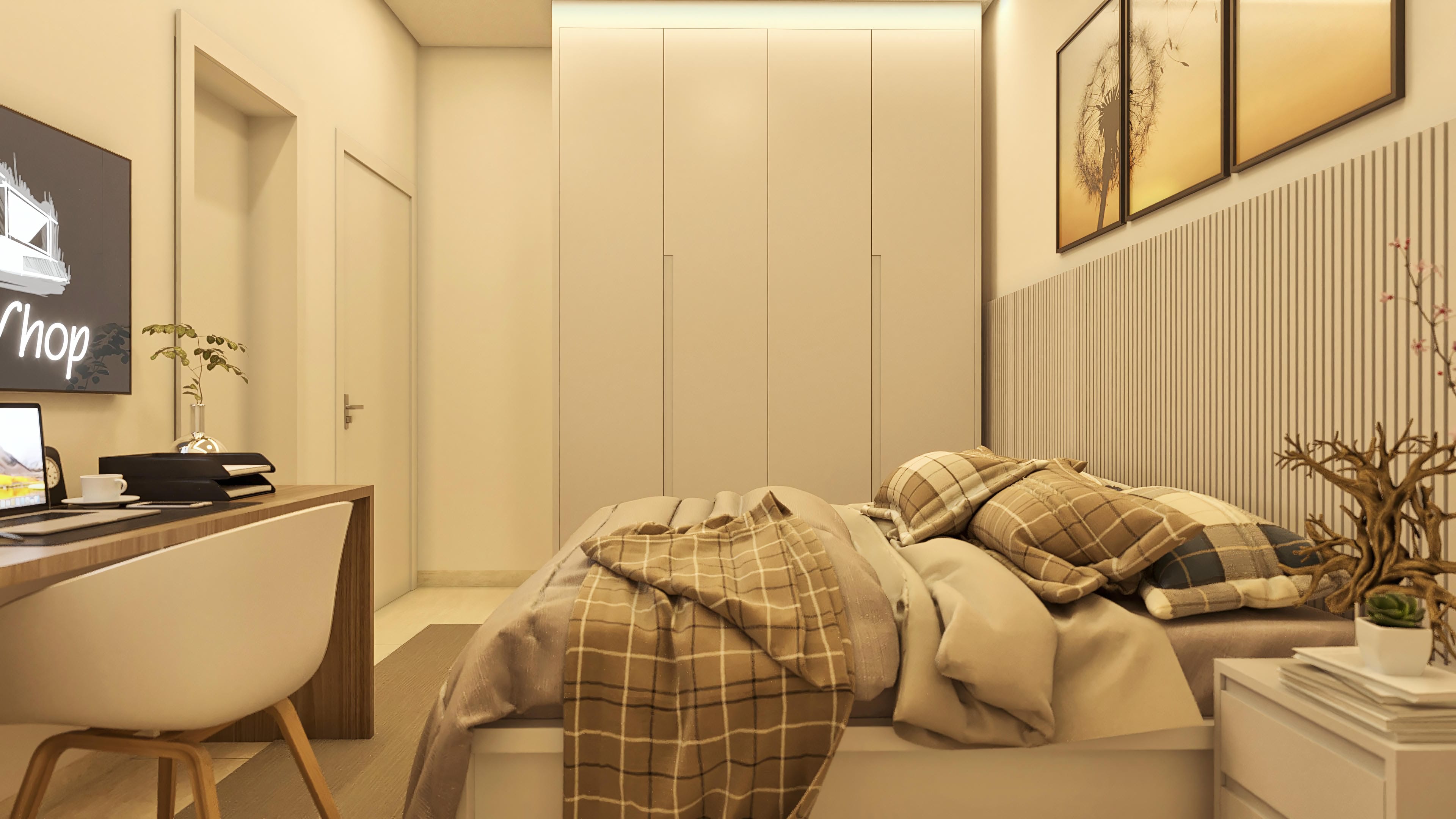 Interior de casa de dos niveles con 4 suites, presentando armario empotrado y panel alistonado. Paleta de colores neutros con destaque para tejidos acogedores.