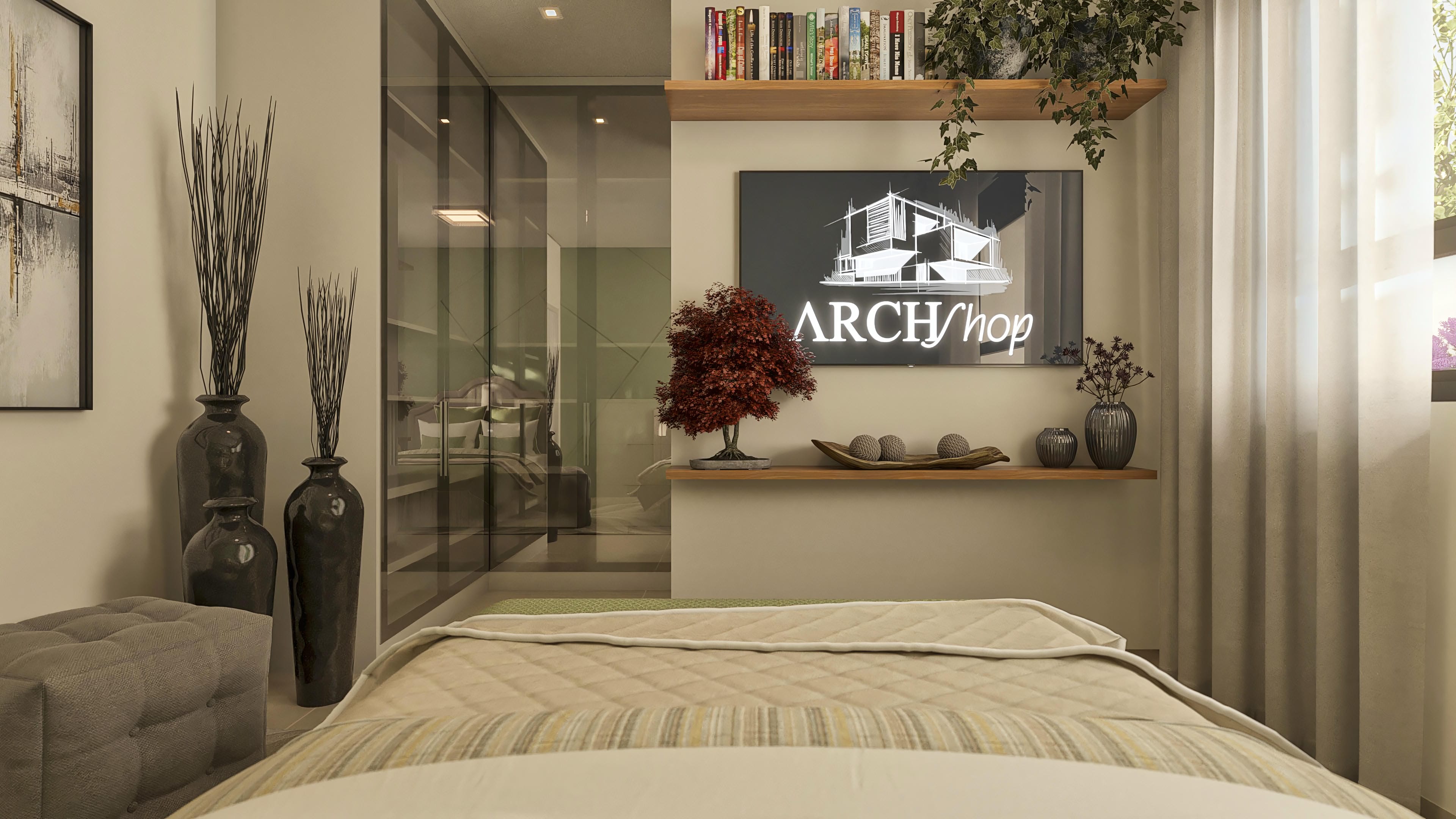 Vista interna de um quarto moderno com closet espelhado, TV exibindo um projeto arquitetônico, prateleira de madeira com livros e plantas, e uma cama com roupa de cama aconchegante.