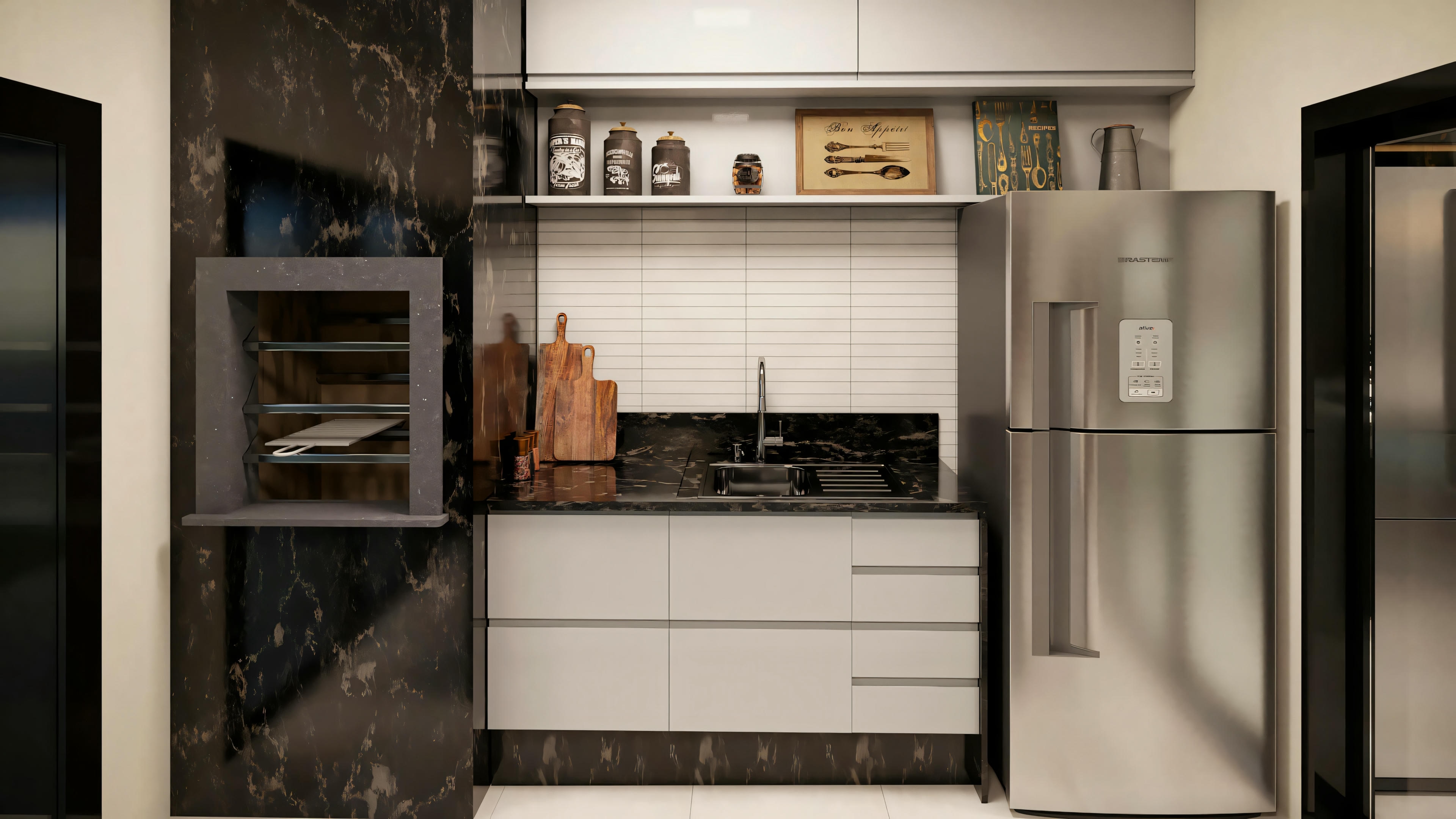 Cocina moderna con electrodomésticos de acero inoxidable, armarios blancos y encimeras oscuras.