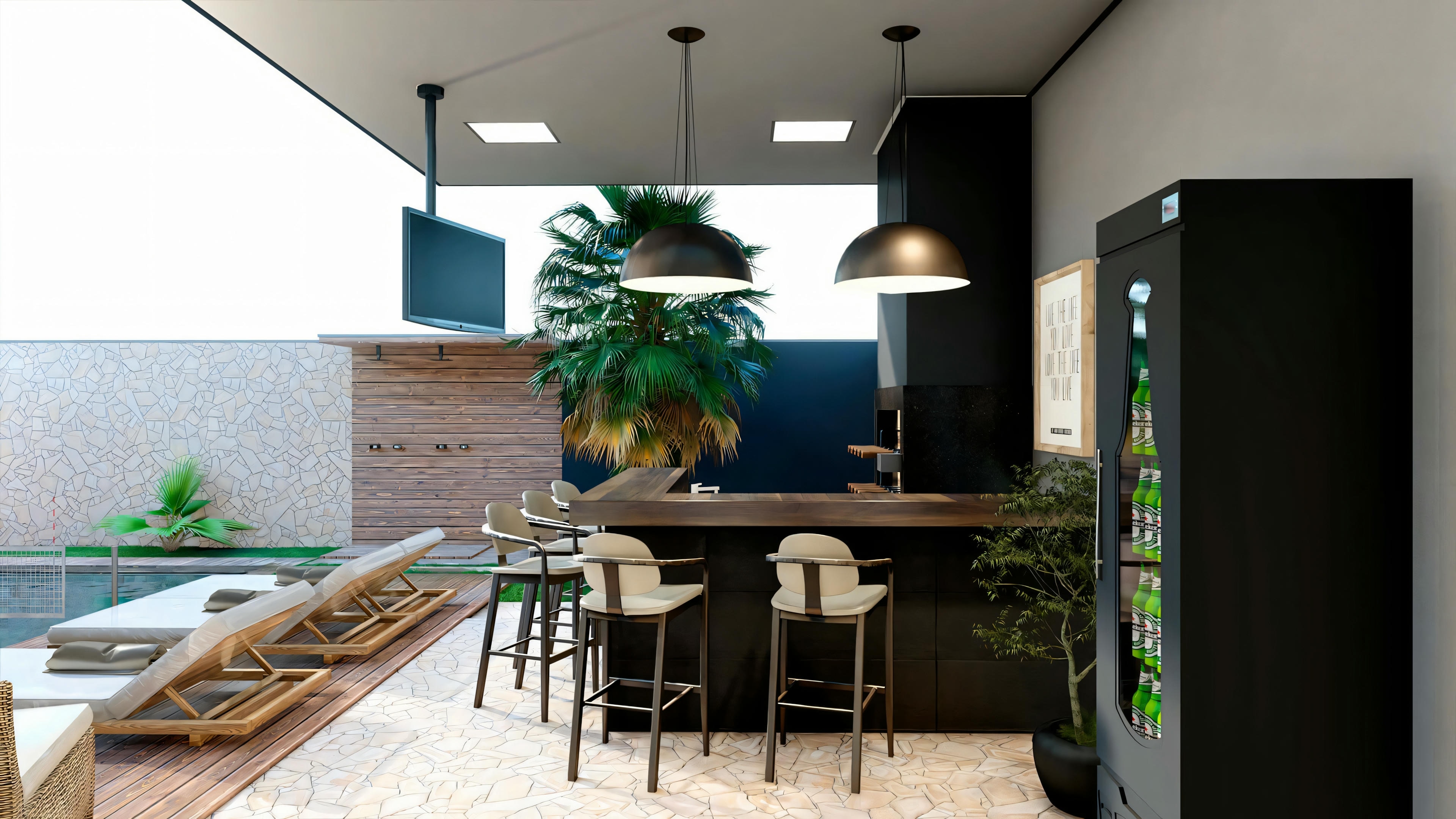 Una zona de comedor y estar de planta abierta con muebles modernos y grandes ventanas.