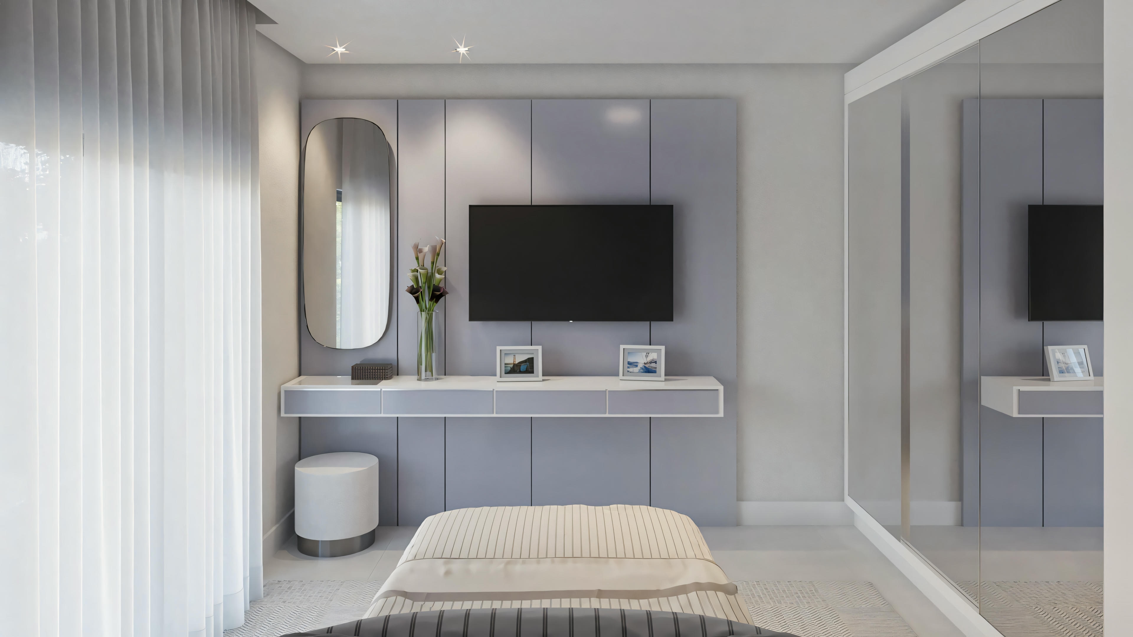 Um quarto moderno com uma cama, televisão montada na parede e outros móveis, com variações no design interior.