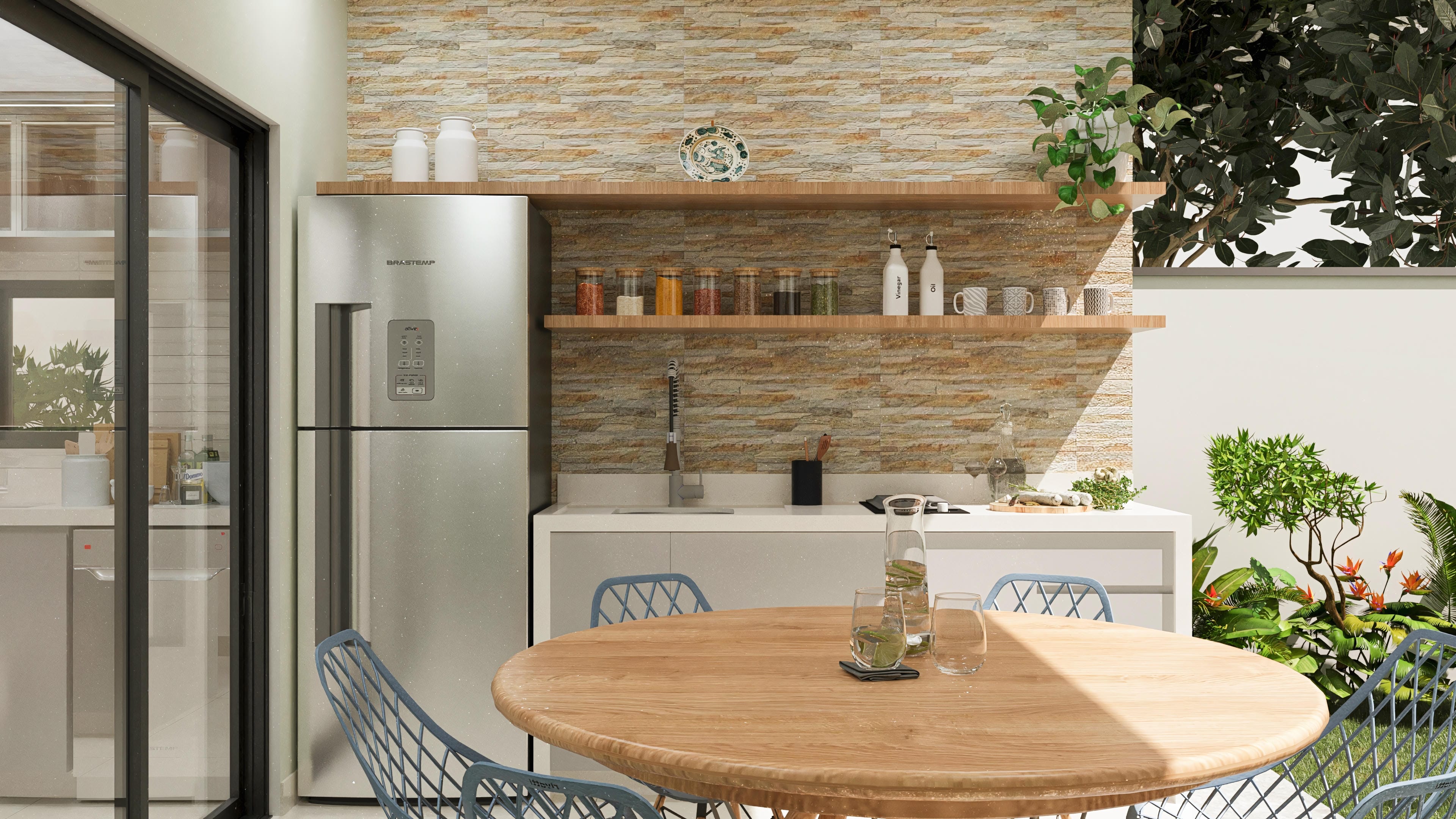 Cocina integrada con área gourmet, combinando revestimiento de piedra natural, madera clara y electrodomésticos modernos.