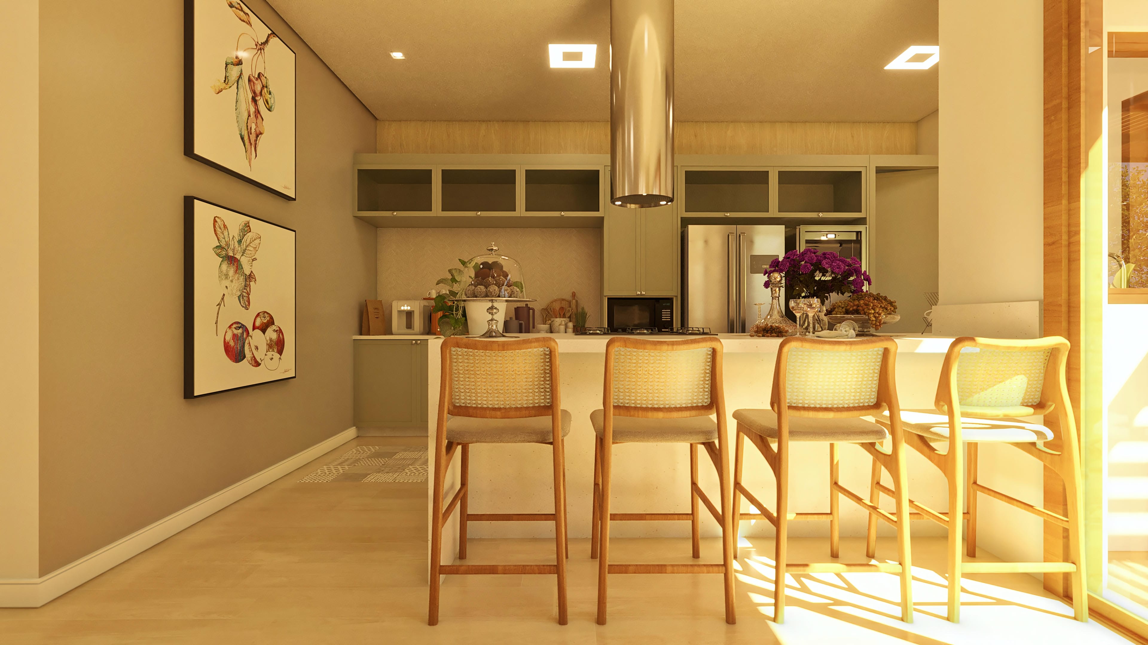 Cocina moderna con isla central, barra en L, armarios integrales, electrodomésticos empotrados, sillas de madera y lámpara escultórica.