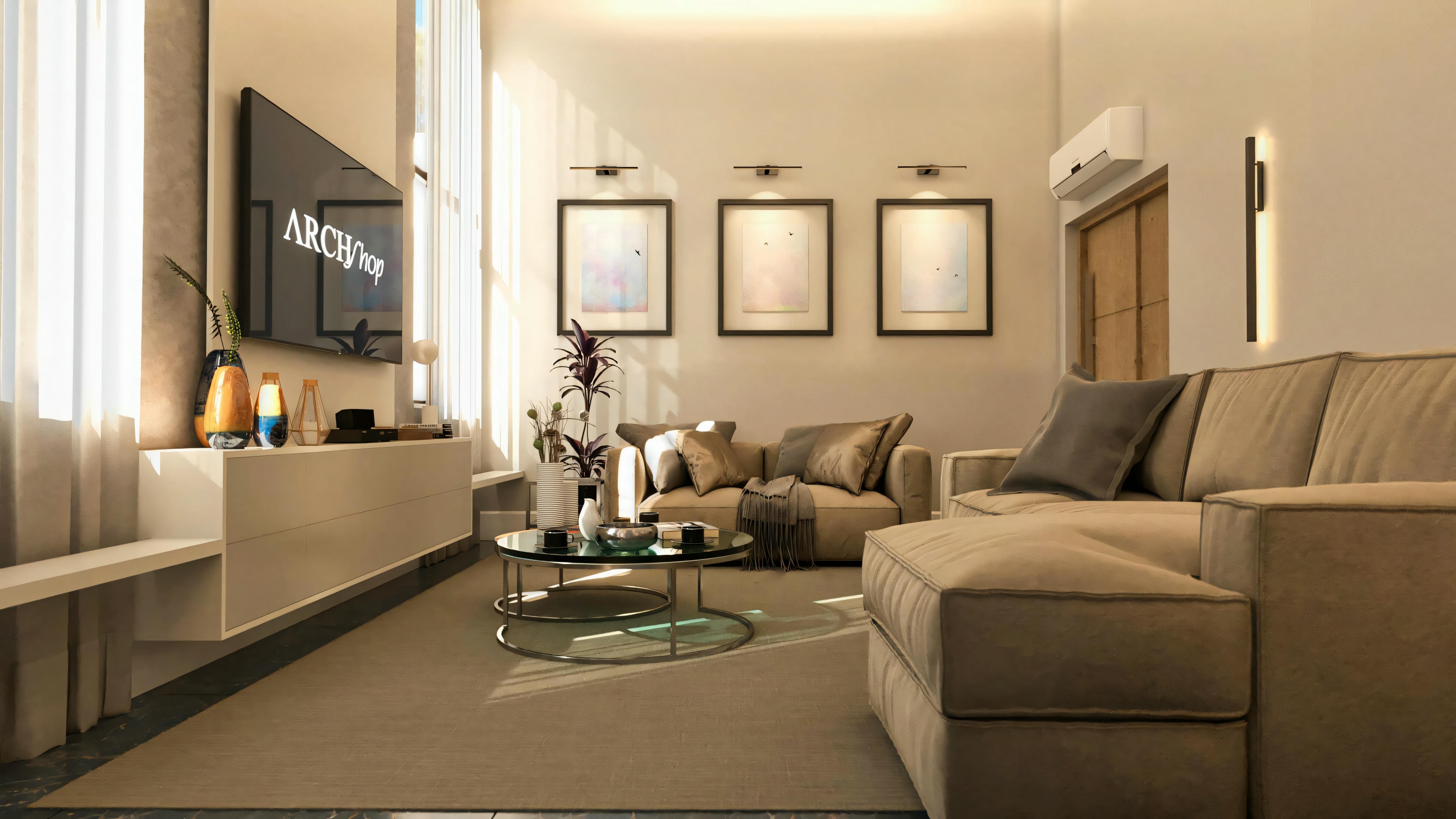 View of the living room in a bungalow house project with 3 suites, highlighting the L-shaped sofa, coffee tables, rug, and the wall decorated with picture frames and lighting. Environment designed for comfort in the 276.43m² bungalow house with 3 suites and an office.