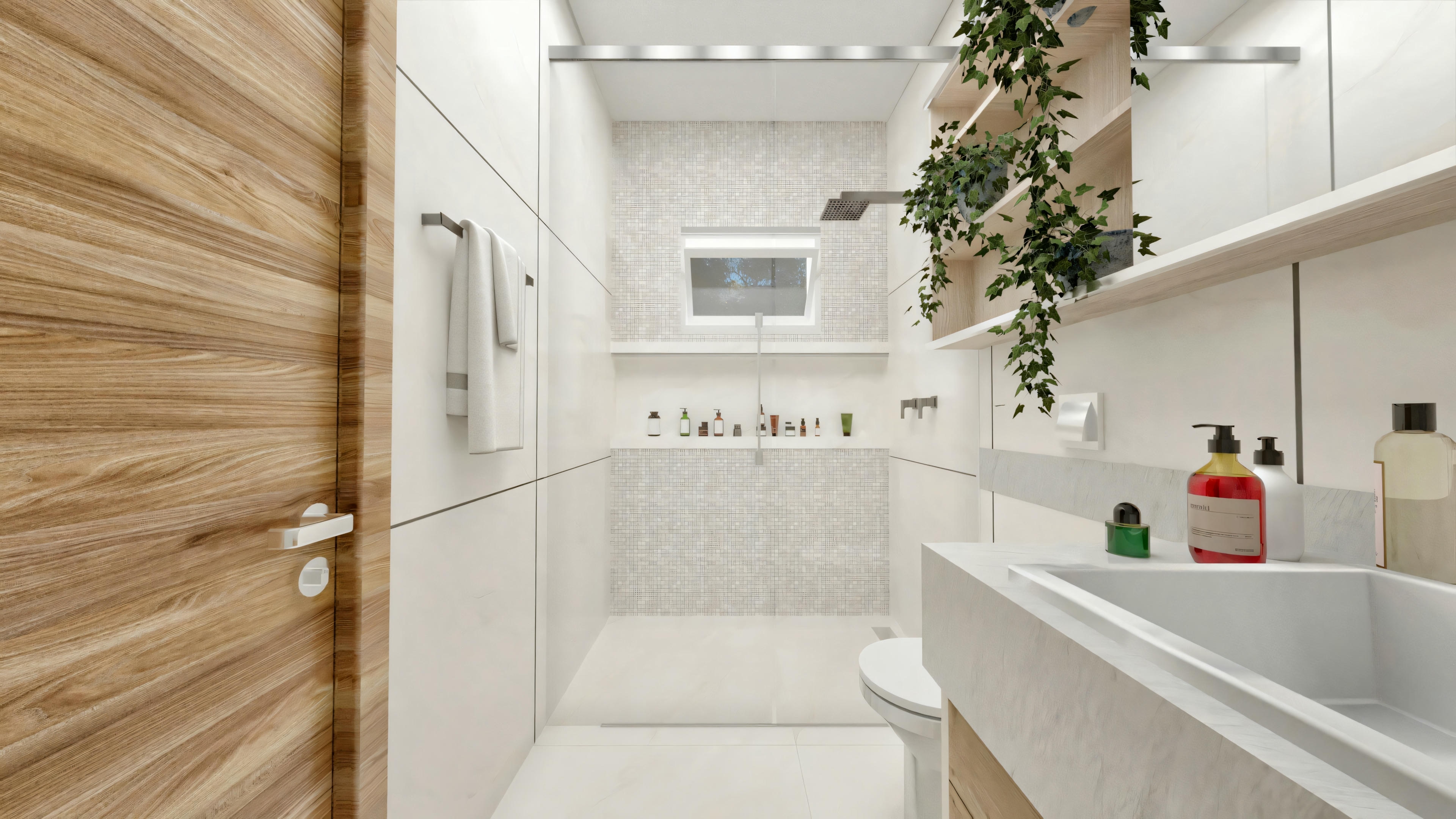 Vista interior del cuarto de baño moderno en casa neoclásica, enfocando en la zona de la ducha al fondo con revestimiento diferenciado y ventana alta. Incluye encimera clara con cajones de madera, inodoro suspendido, estanterías decorativas y puerta de madera. Uno de los 5 cuartos de baño del proyecto.