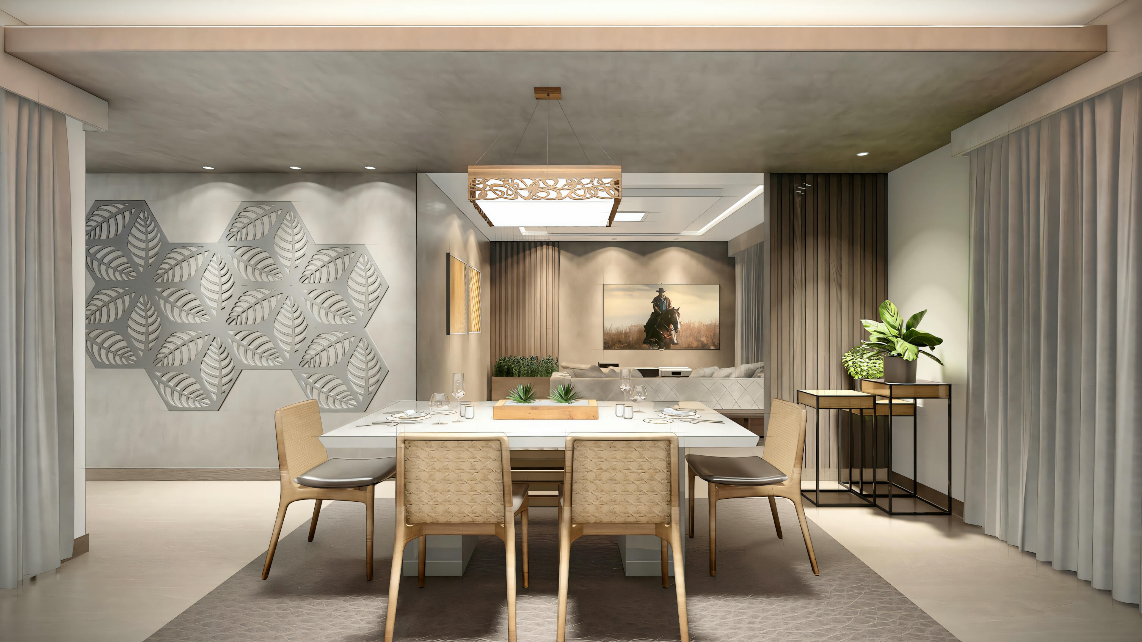 A dining area with a table for six, modern pendant lighting, and a kitchen in the background with light wood cabinets and a large “EAT” sign on the wall.