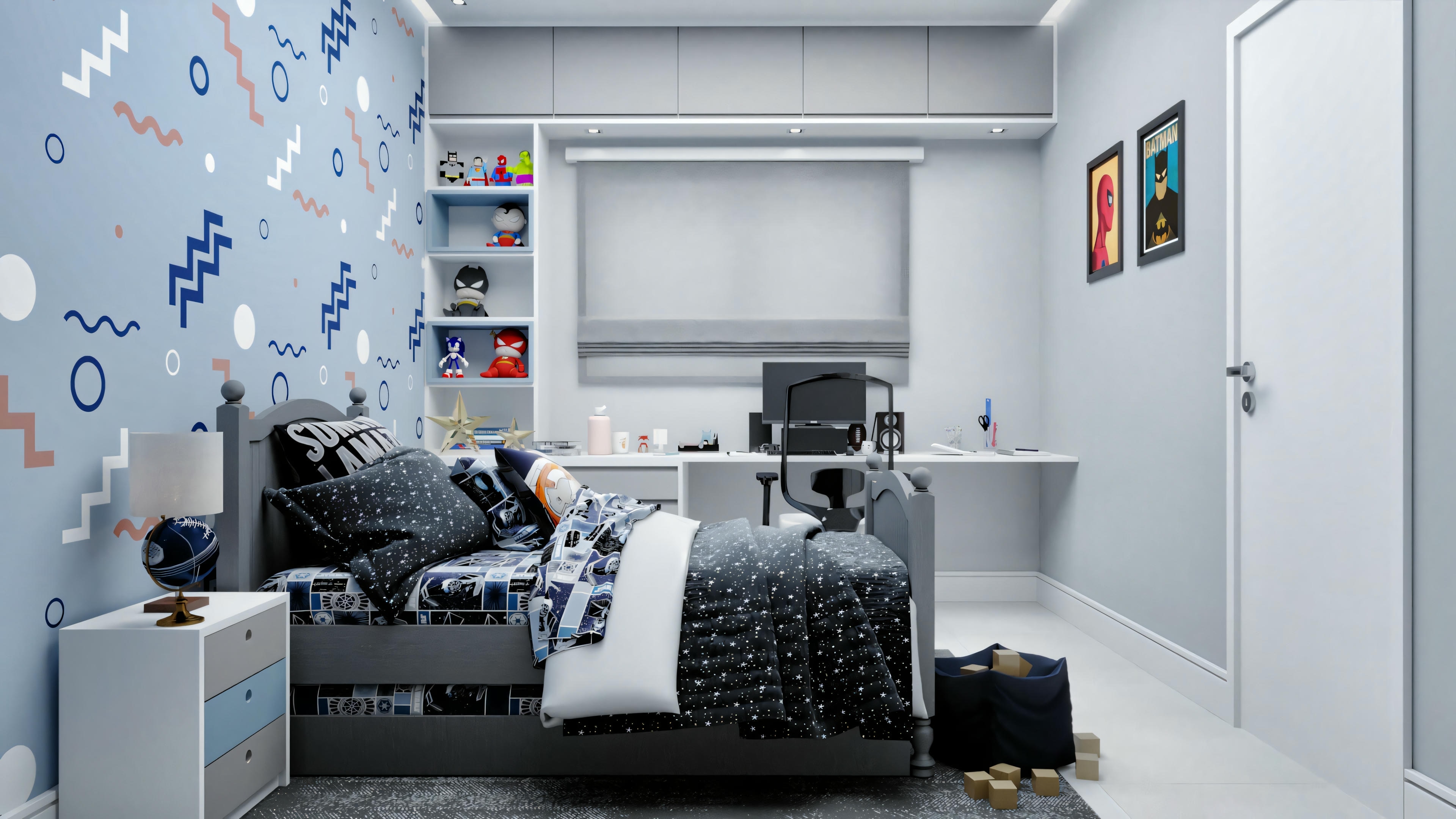 Dormitorio infantil con muebles blancos, incluyendo cama y estanterías, decorado con coches de juguete y temas automovilísticos.
