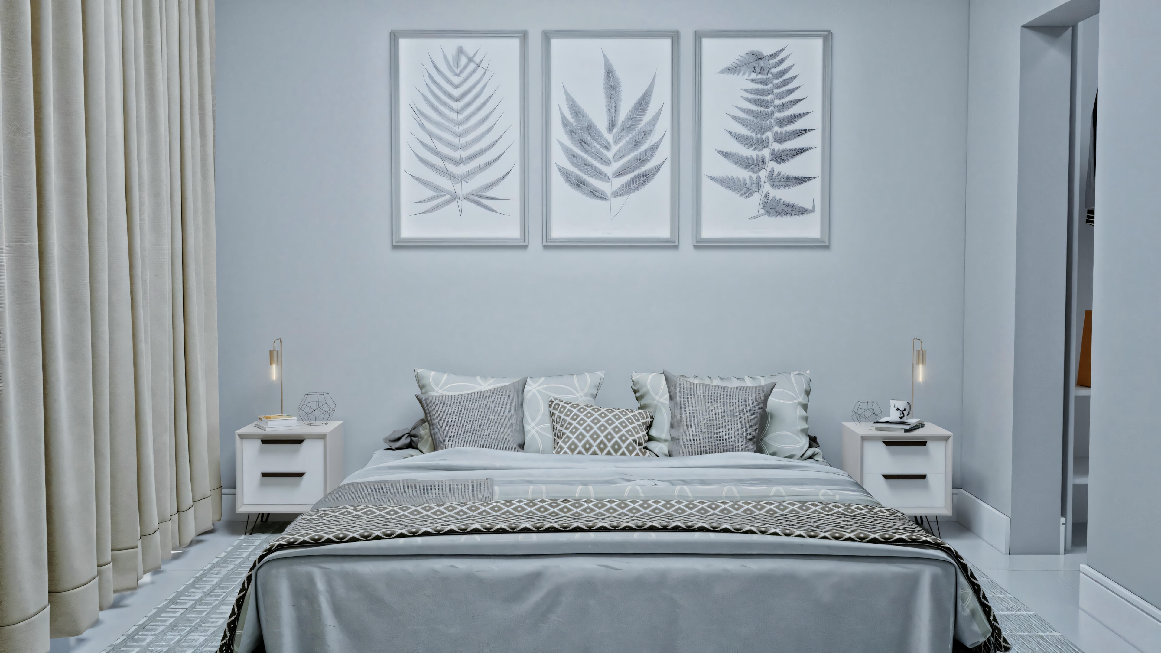 Quarto com decoração moderna, cama grande e iluminação suave.