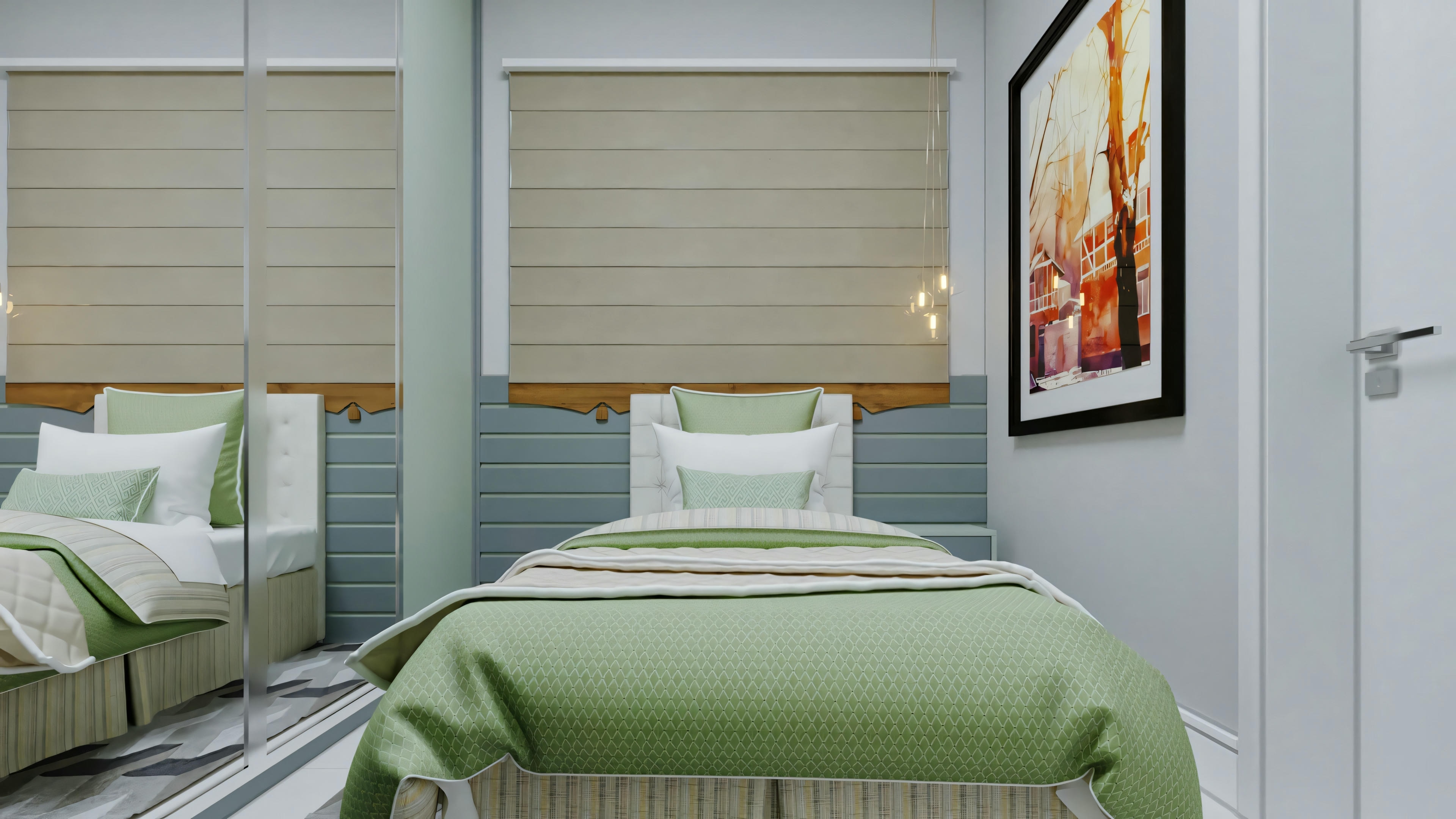 Un dormitorio con una cama de matrimonio, ropa de cama gris, dos mesitas de noche con lámparas y una pared decorativa detrás de la cama.