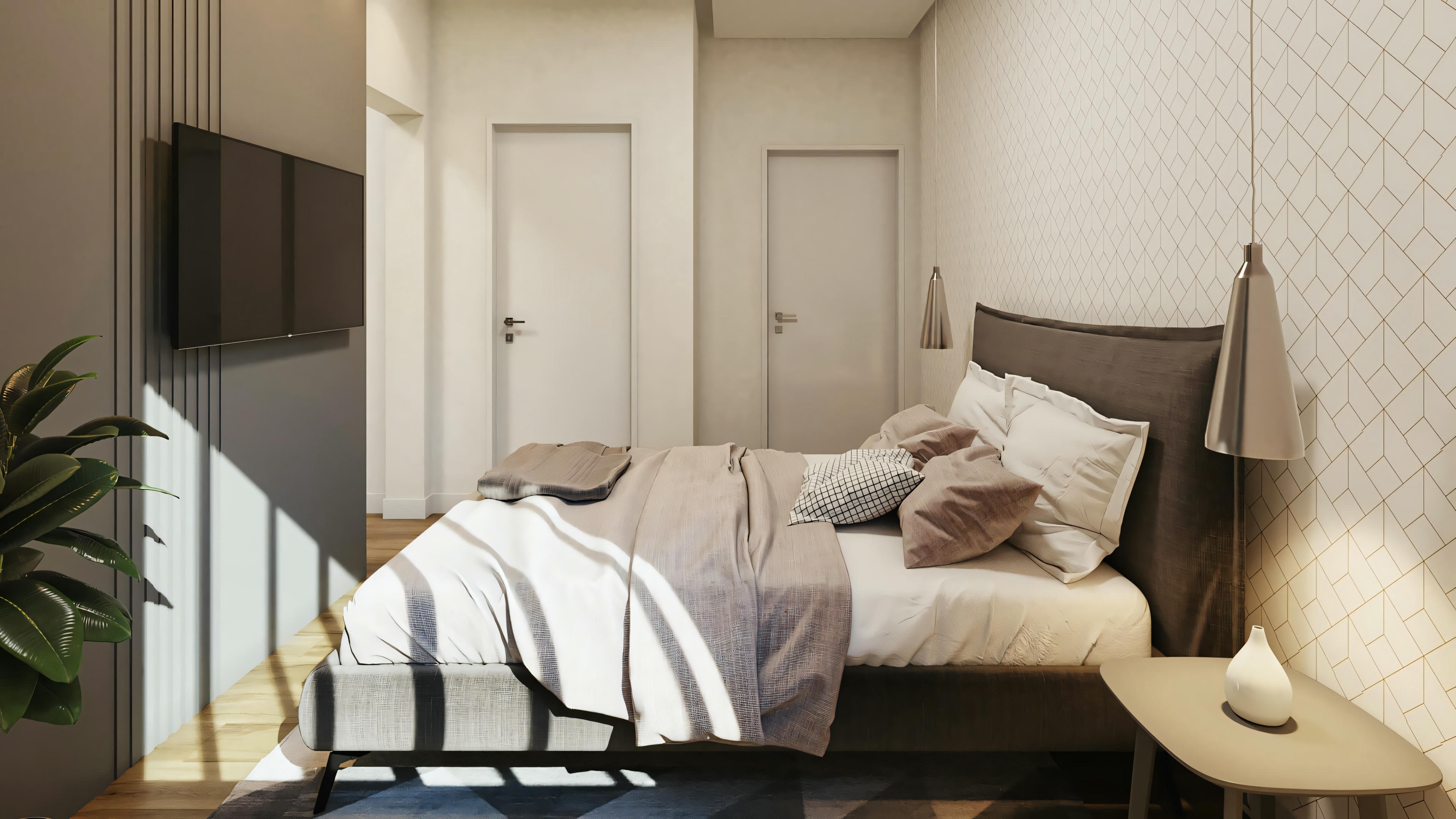 Habitación con cama, almohadas, mesa auxiliar con lámpara y ventana con cortinas.