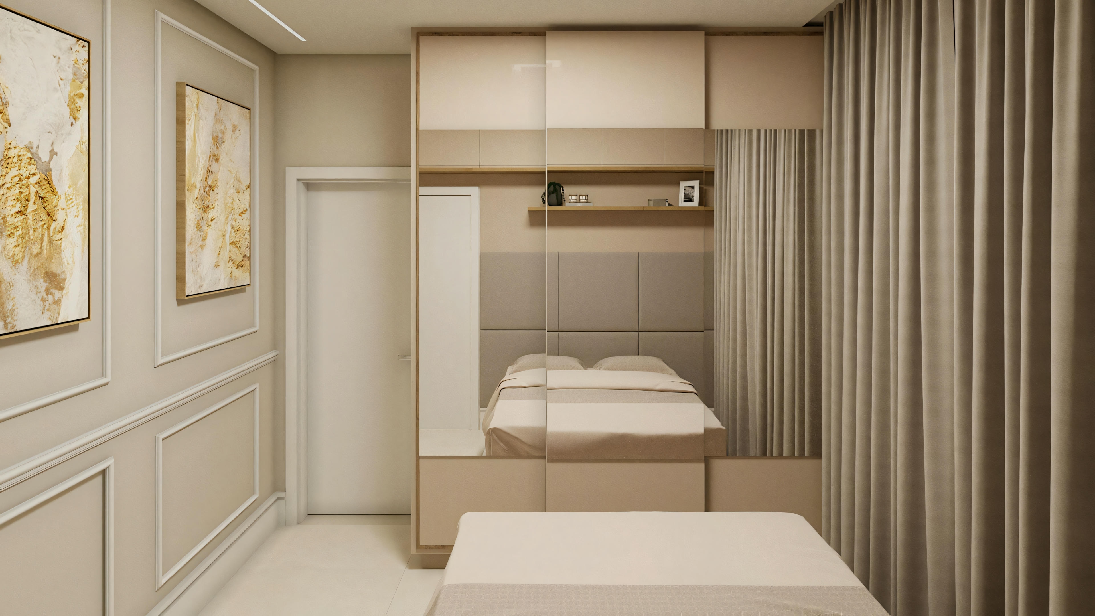 Una habitación con tonos neutros, cama con ropa de cama blanca y pared texturizada.