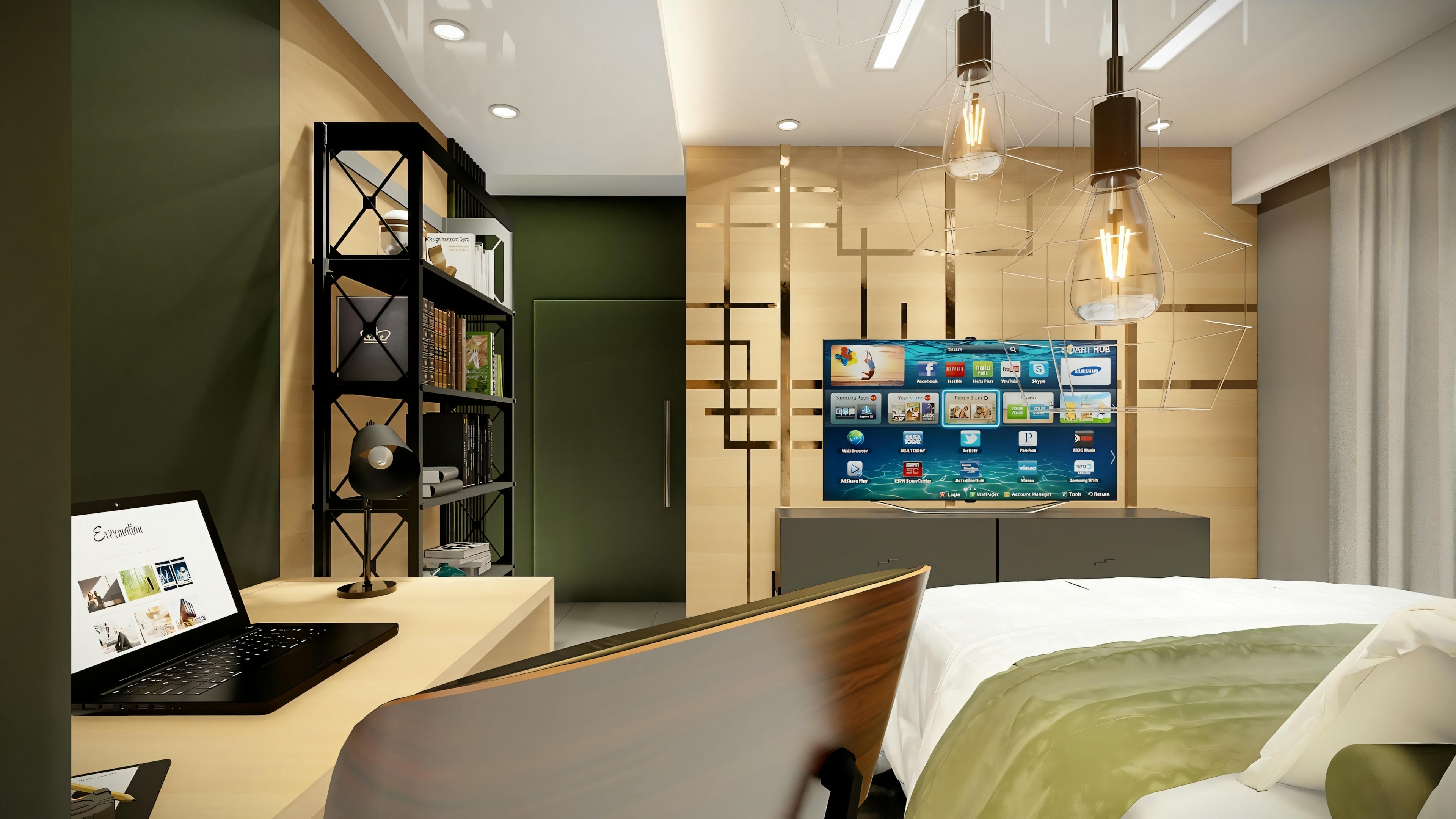 Una habitación moderna con cama king-size y decoración minimalista.