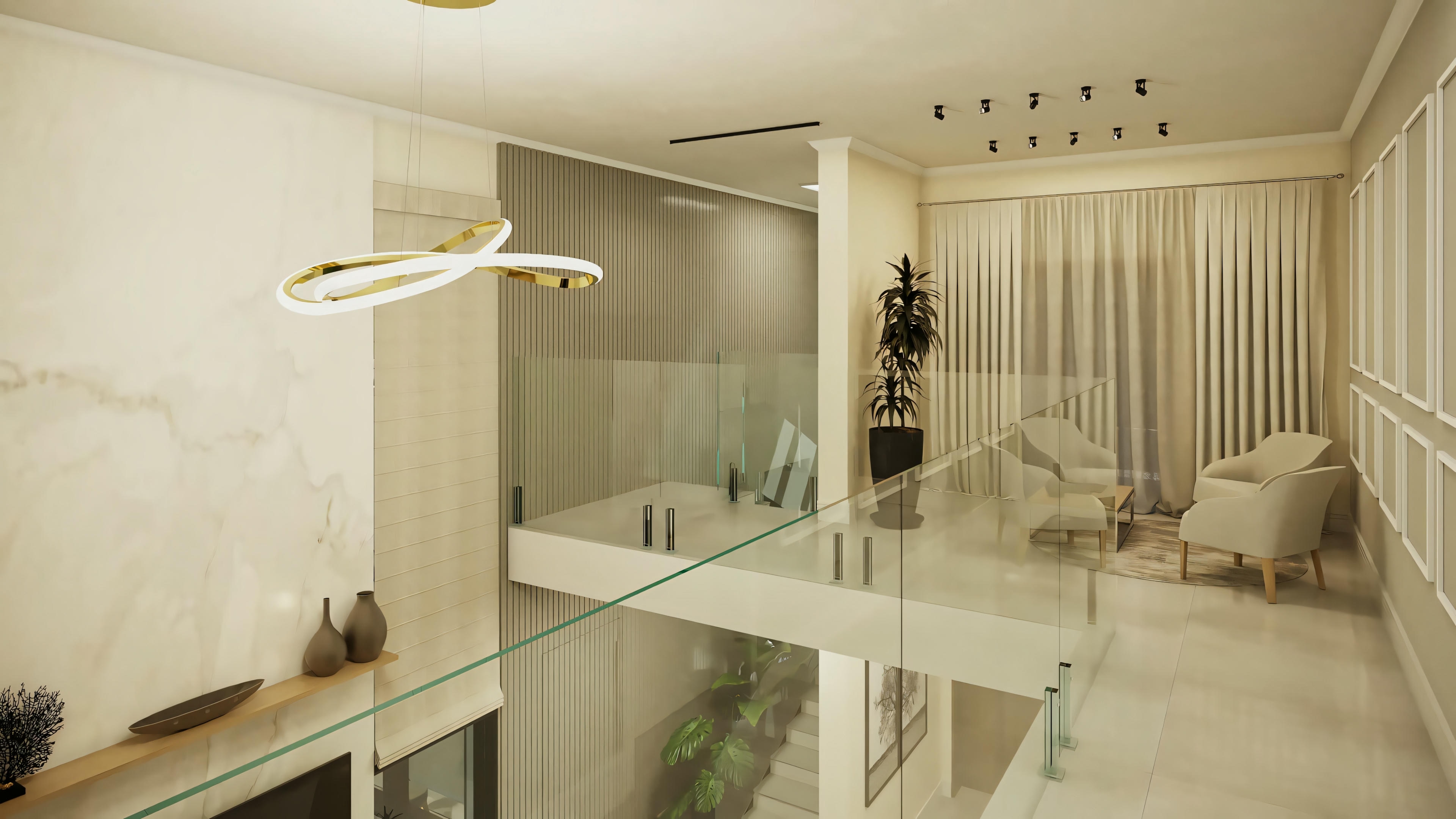 Vista ampla do hall superior com estar íntimo na planta pronta de casa com 3 suítes e área gourmet. Detalhes incluem painel ripado, boiserie e iluminação moderna. Projeto casa pronta de 368.67m².