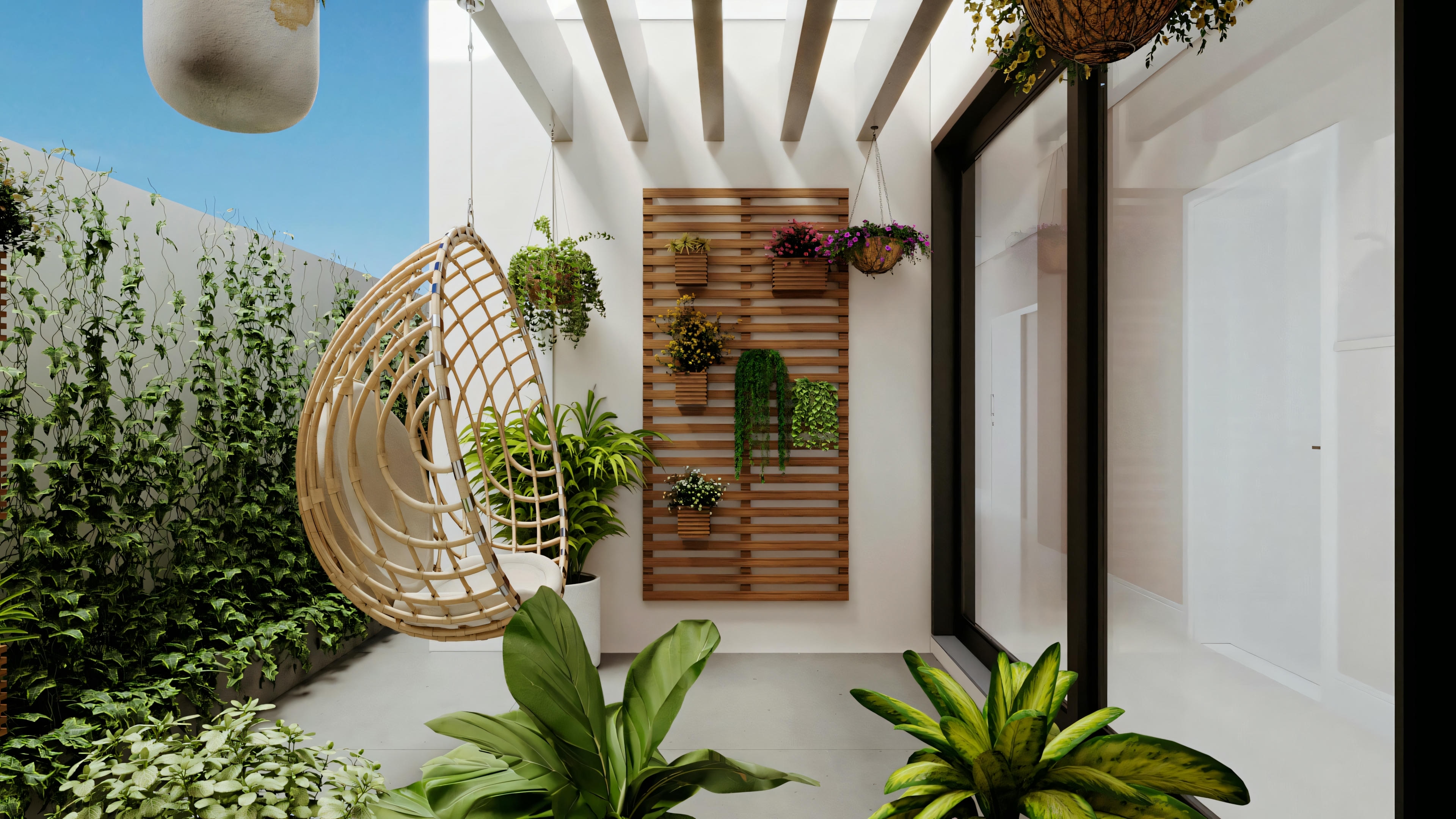 Un jardín moderno con áreas de estar y elementos decorativos.