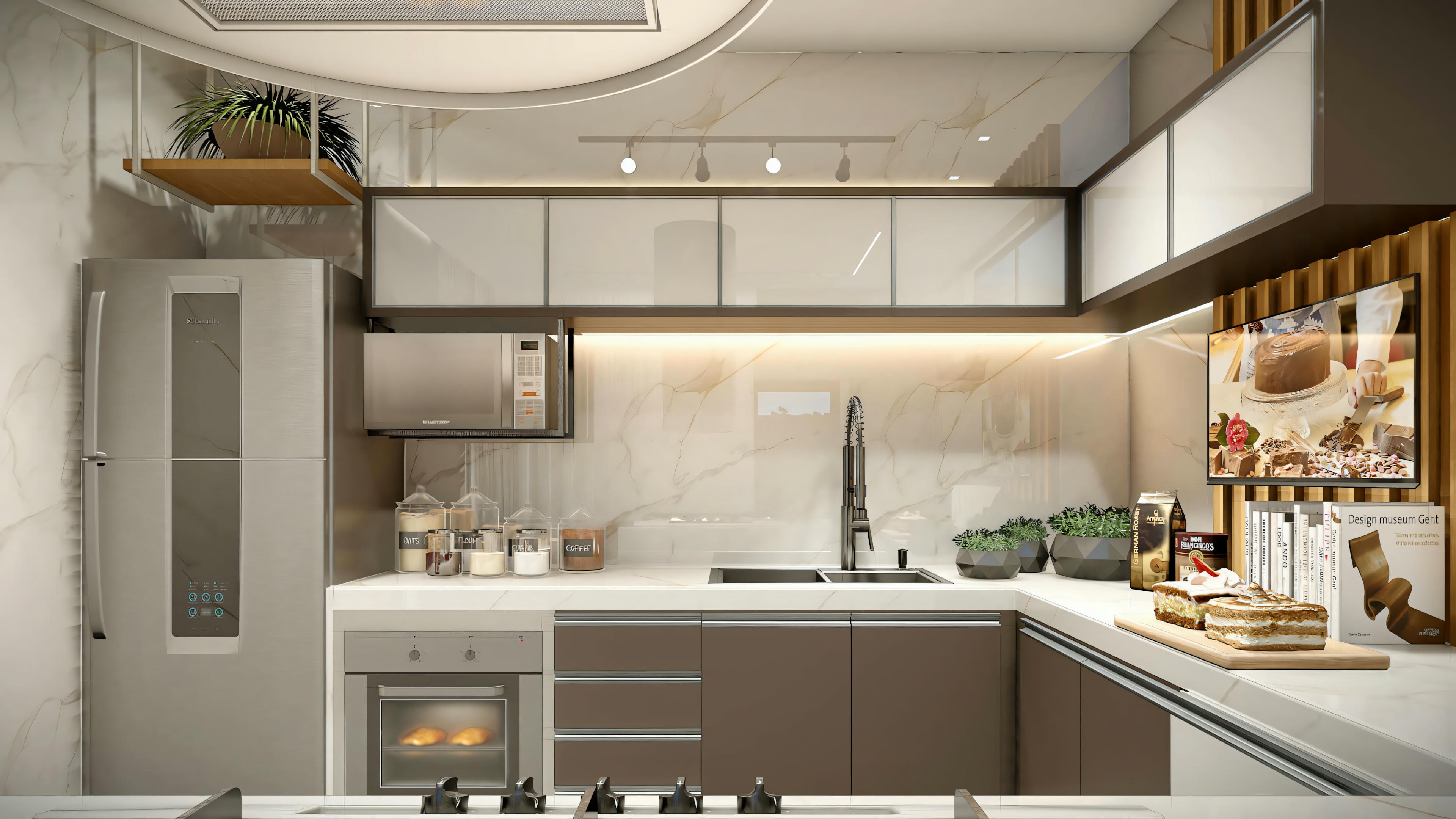 A kitchen with white cabinets and stainless steel appliances, with countertop