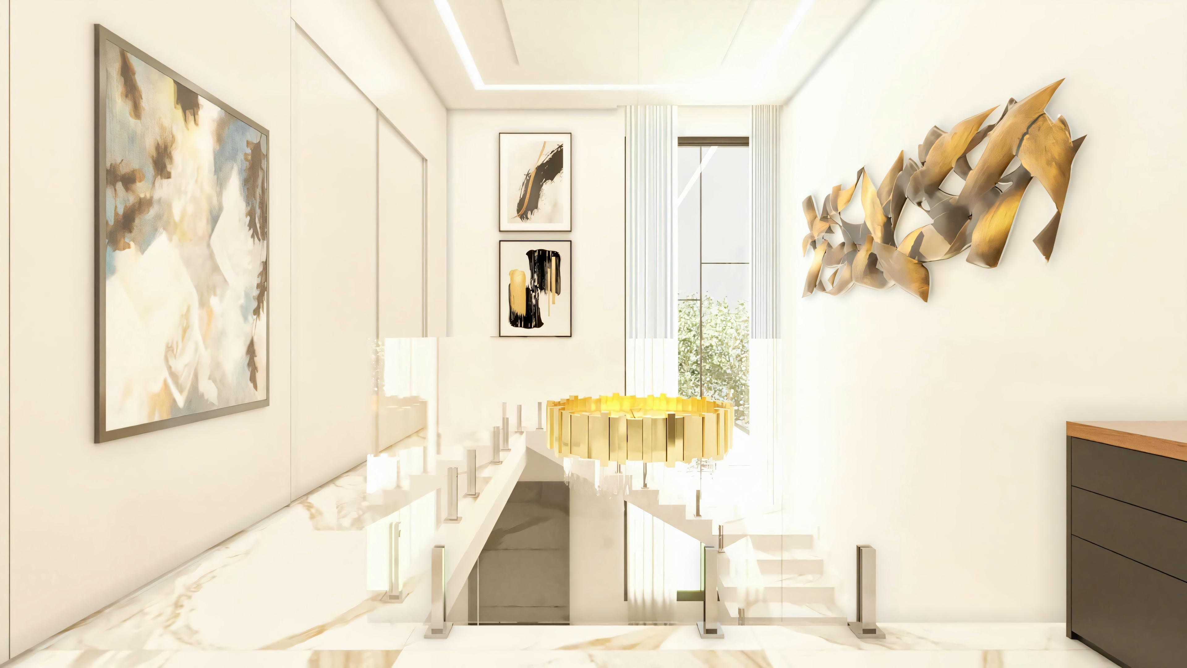Upper hall in a luxury house project, with view to modern staircase, gold chandelier, high ceiling, and artwork decoration.