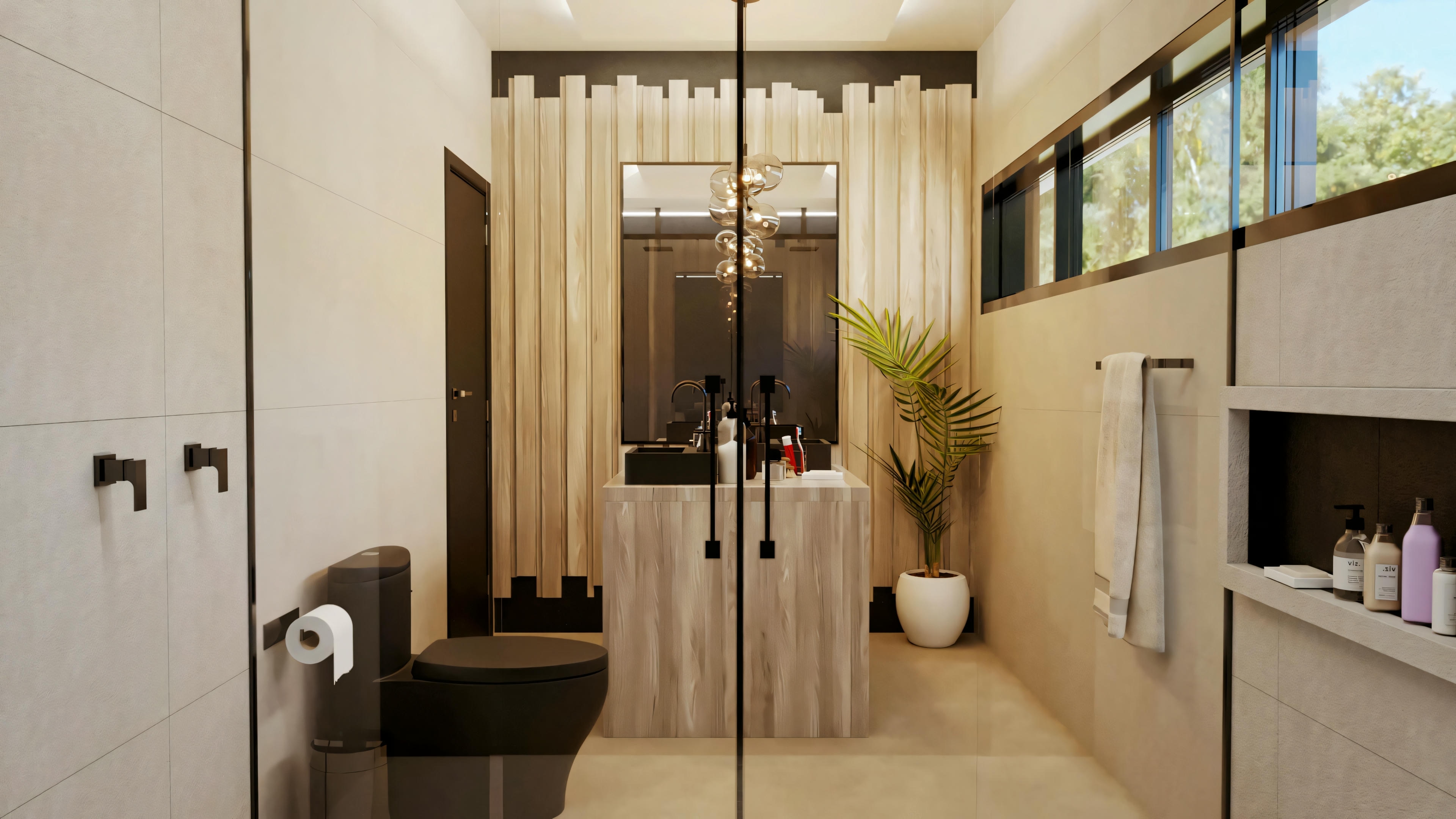 A bathroom with a reflective floor, white walls, and a long mirror above the sink.