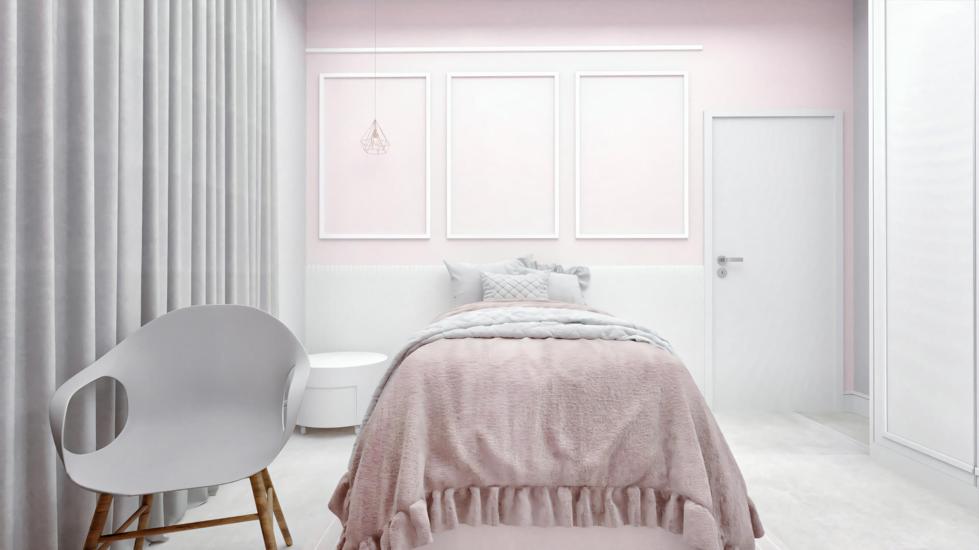 A minimalist bedroom with a pink theme, featuring only a bed and a chair.