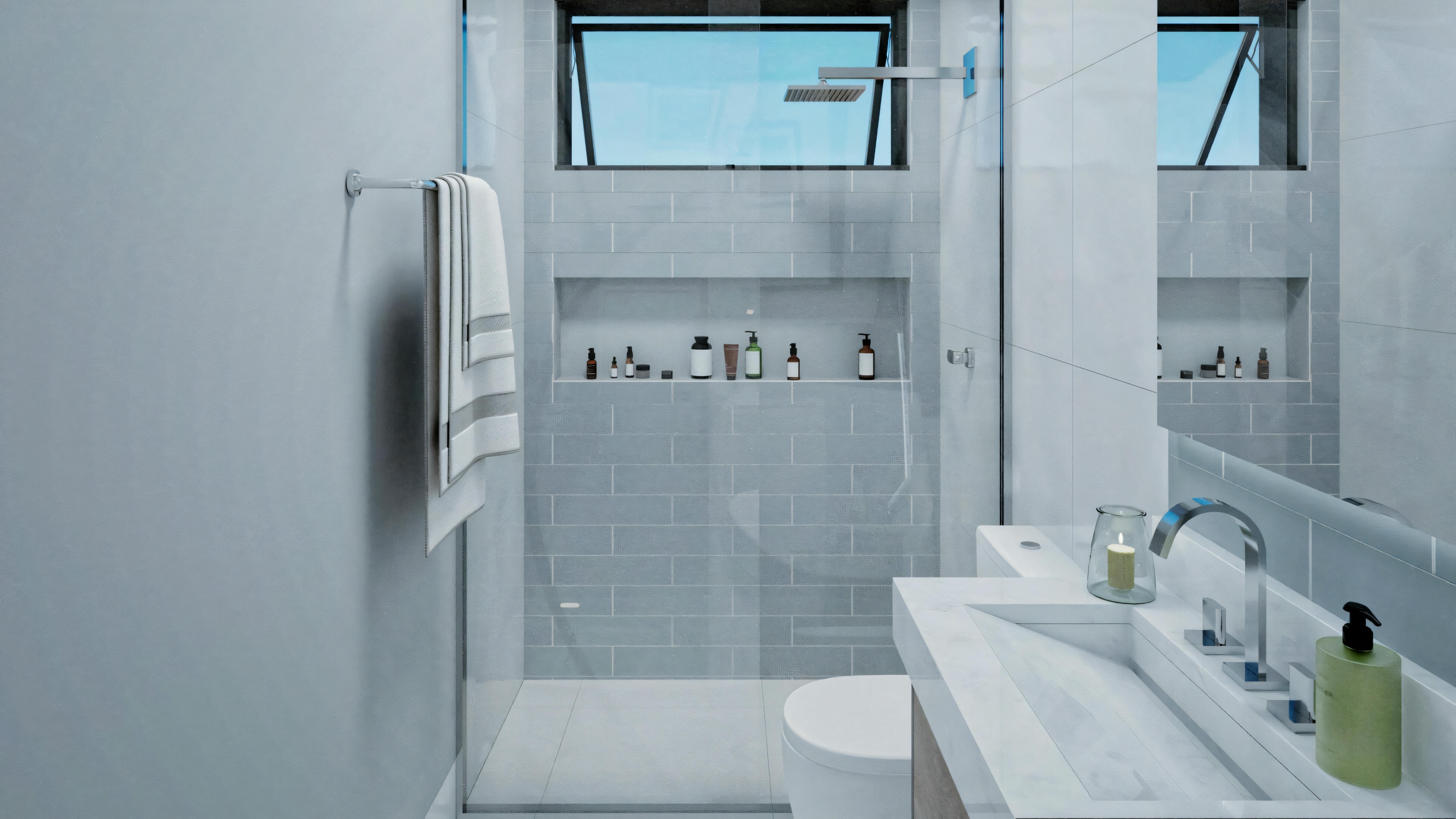 View of a modern bathroom with a corner bathtub, highlighting clean lines and minimalist design.